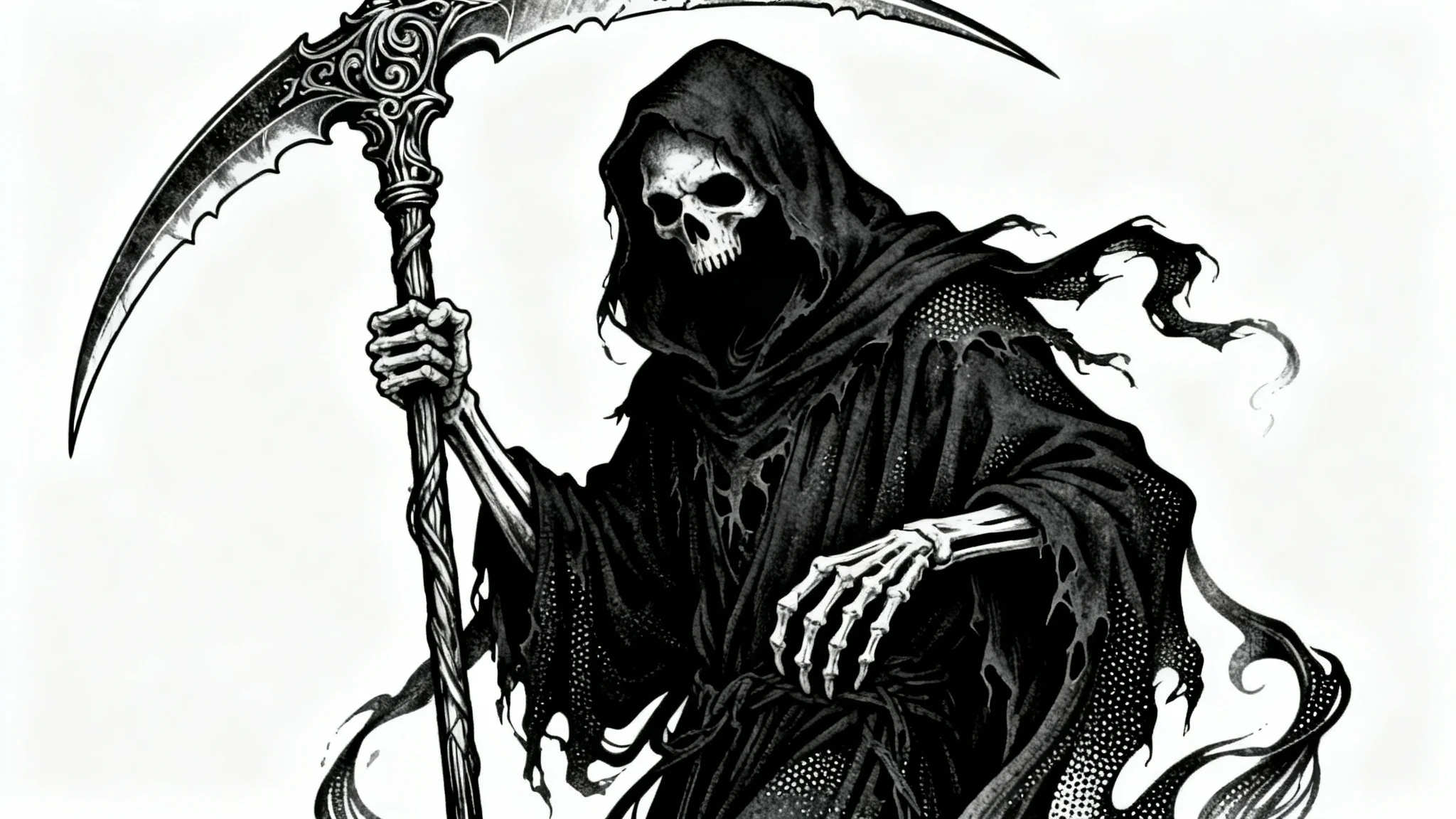 A black and white tattoo design of the Grim Reaper, shown in a flash art style against a white background. The skeletal figure wears a dark, hooded robe and holds a large scythe.
