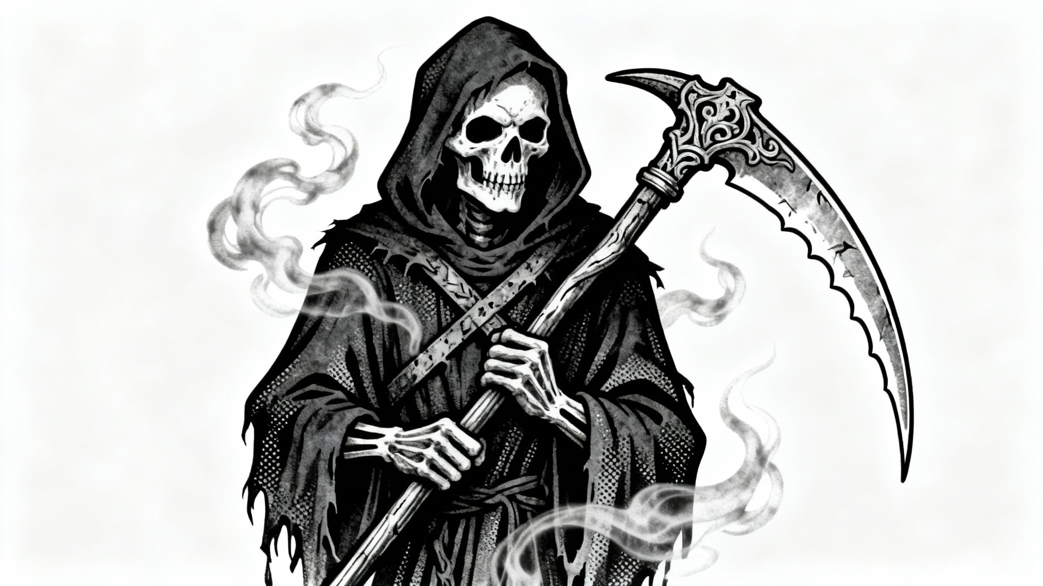 A neo-traditional black and grey tattoo design of the Grim Reaper holding a scythe, presented as a flash art mockup on a white background.