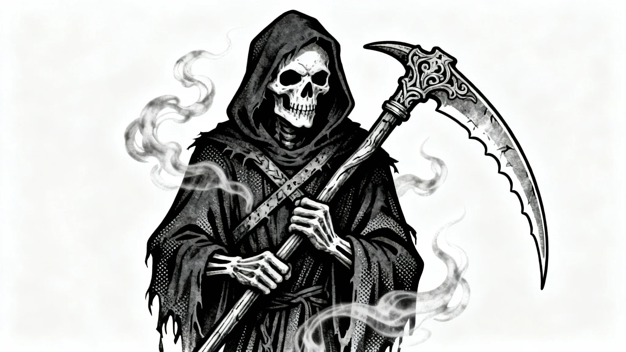 A neo-traditional black and grey tattoo design of the Grim Reaper holding a scythe, presented as a flash art mockup on a white background.