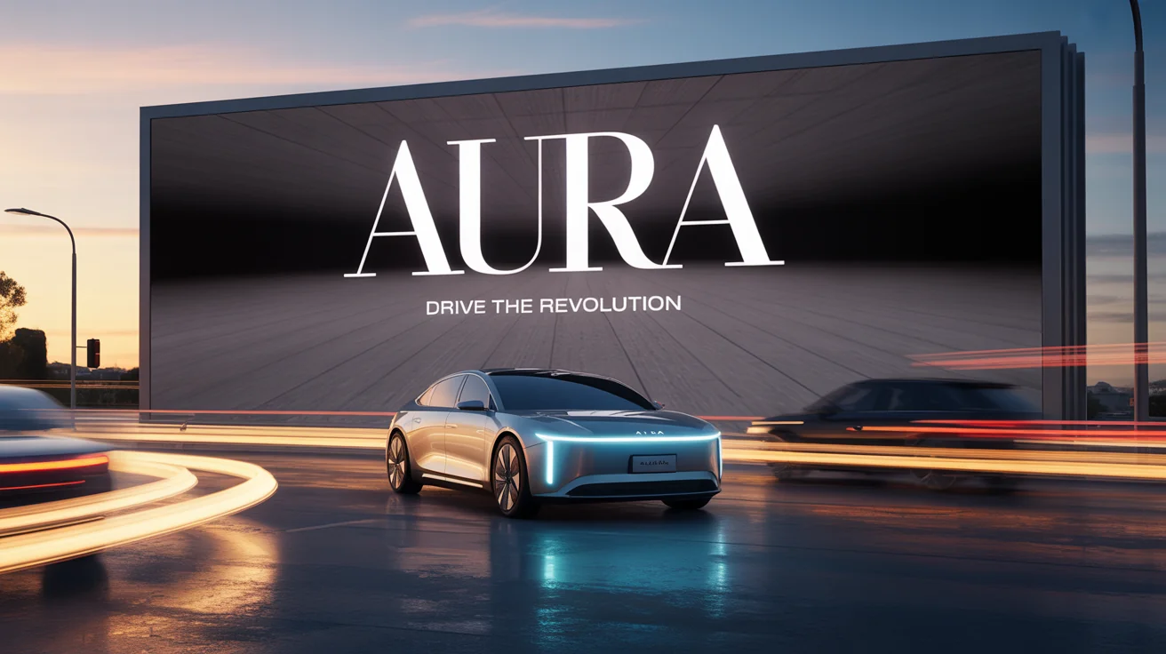 An eye-catching digital billboard in a modern city at dusk, advertising a futuristic electric car with the text 'AURA' and 'Drive the Revolution'.