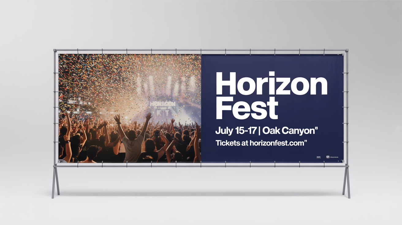 A professional mockup of a wide billboard on a white background, advertising the 'HORIZON FEST' music festival with dates and a website.