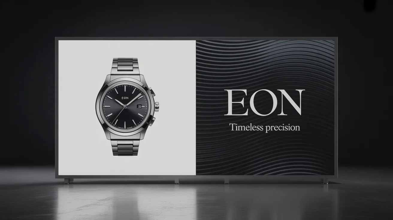 A professional mockup of a large billboard on a white background, displaying an advertisement for a luxury watch brand named 'Eon' with the tagline 'Timeless Precision'.