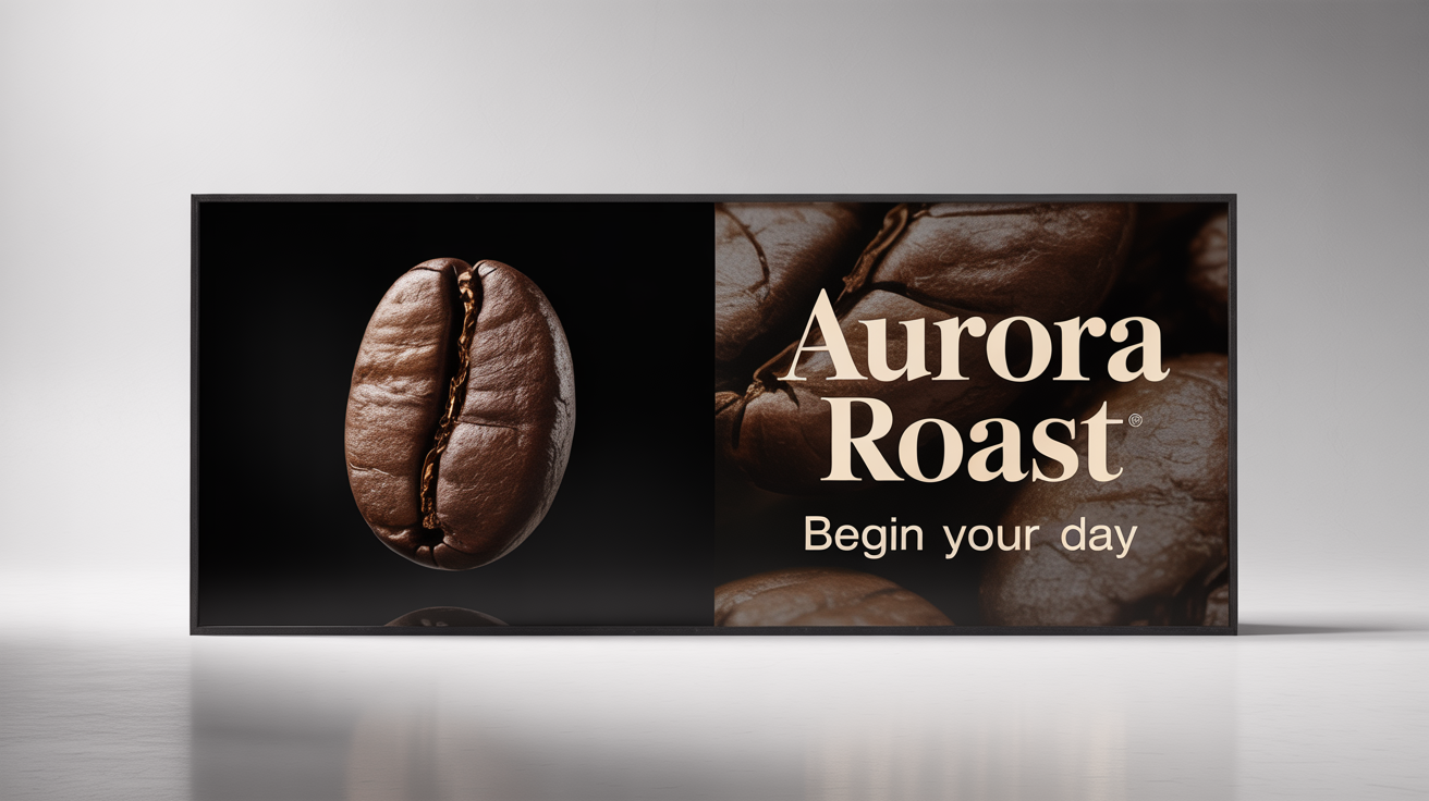 A photorealistic mockup of a modern horizontal billboard on a plain white background. The billboard displays an ad for a fictional coffee brand called 'AURORA ROAST' with the tagline 'Begin Your Day'.