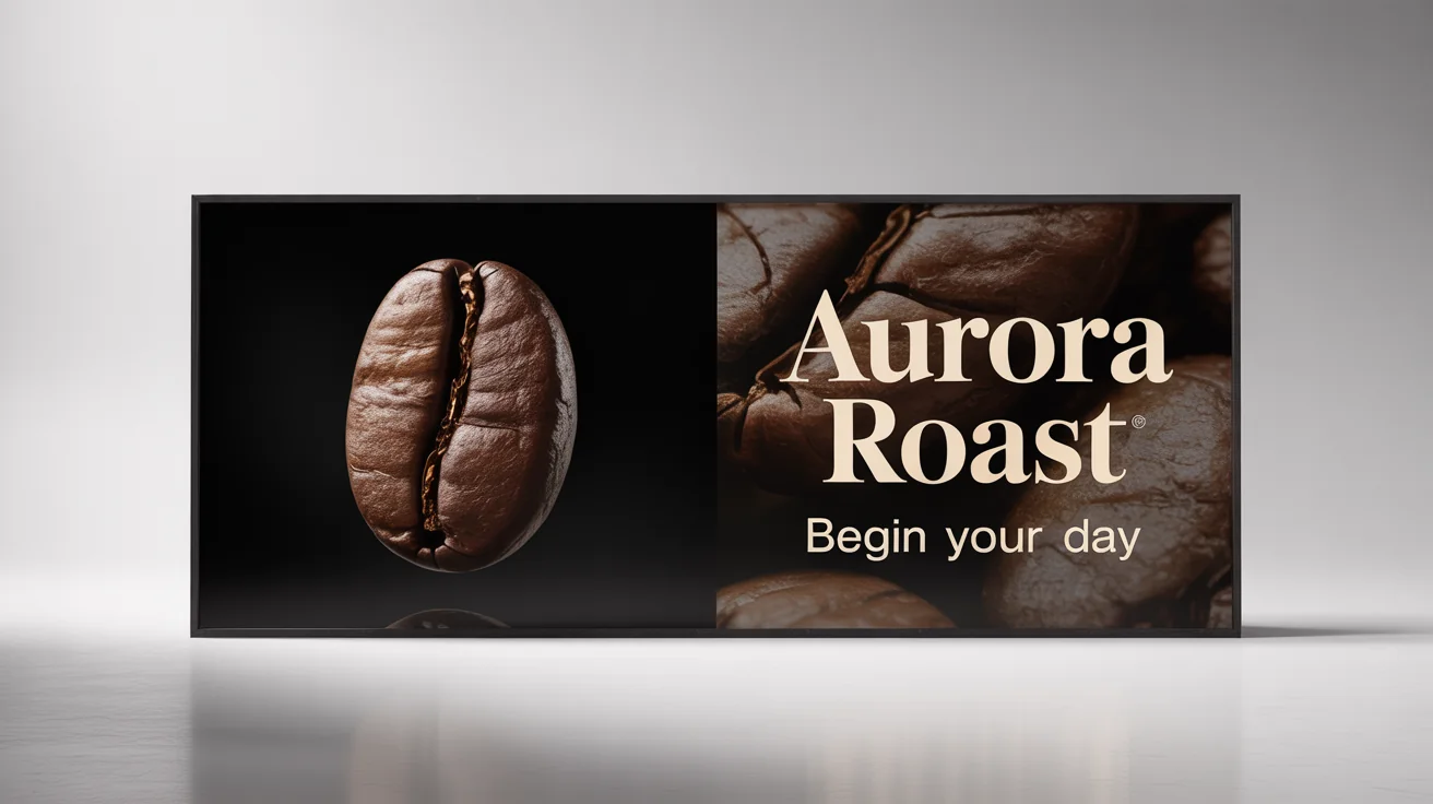 A photorealistic mockup of a modern horizontal billboard on a plain white background. The billboard displays an ad for a fictional coffee brand called 'AURORA ROAST' with the tagline 'Begin Your Day'.