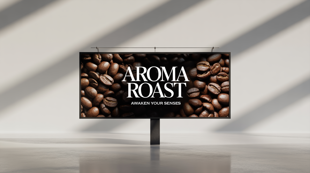 A modern billboard mockup on a white background, displaying an advertisement for 'Aroma Roast' coffee with a picture of coffee beans and the tagline 'Awaken Your Senses'.