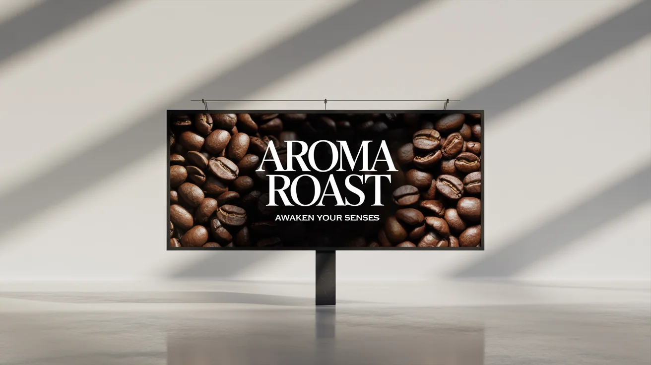 A modern billboard mockup on a white background, displaying an advertisement for 'Aroma Roast' coffee with a picture of coffee beans and the tagline 'Awaken Your Senses'.