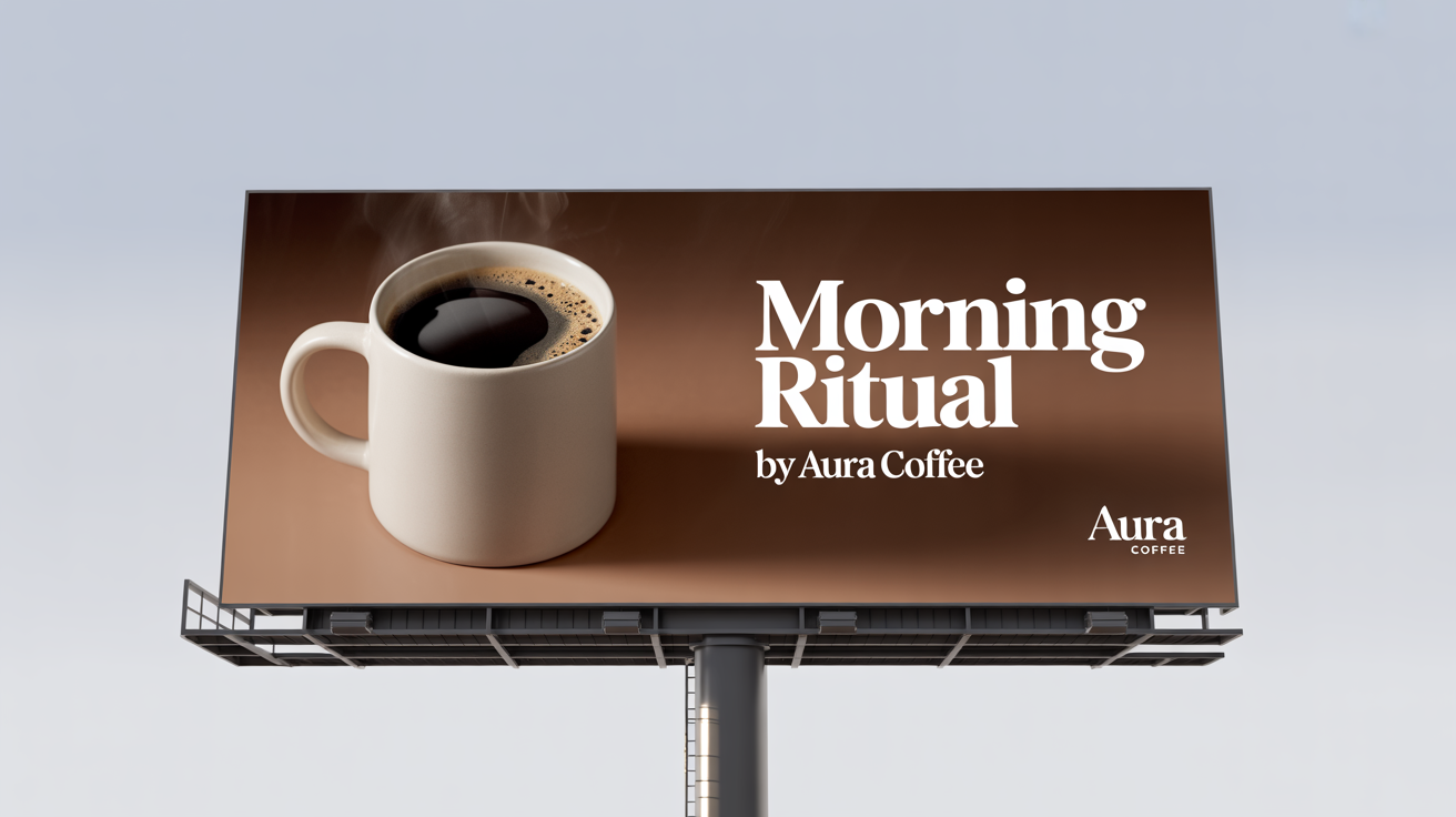 A photorealistic mockup of a modern billboard advertising 'Aura Coffee' with the tagline 'Morning Ritual', featuring a steaming cup of coffee against a dark background, all isolated on a white plane.