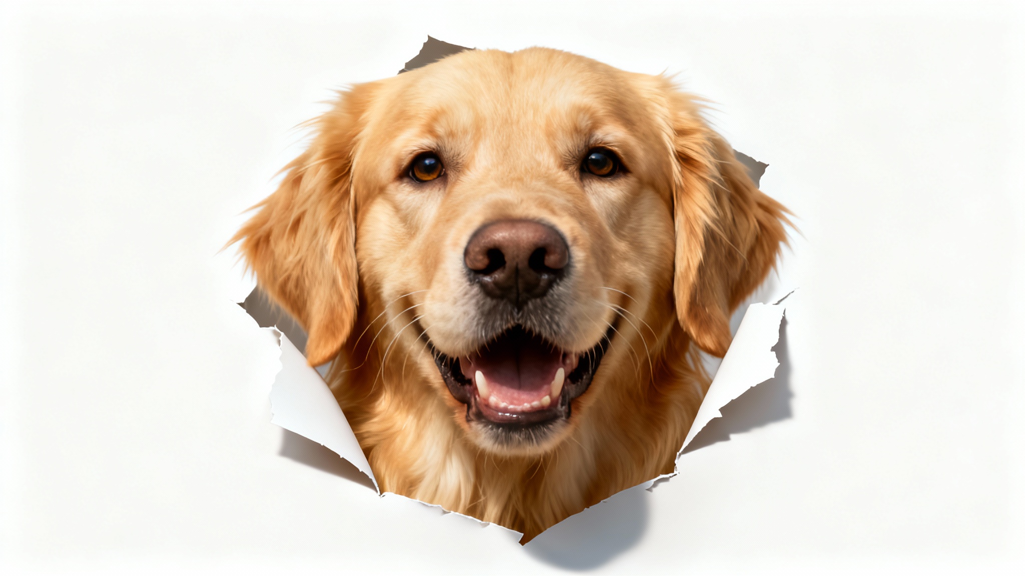 A photorealistic cutout of a happy golden retriever's face, isolated on a white background, demonstrating an animal face cutout.