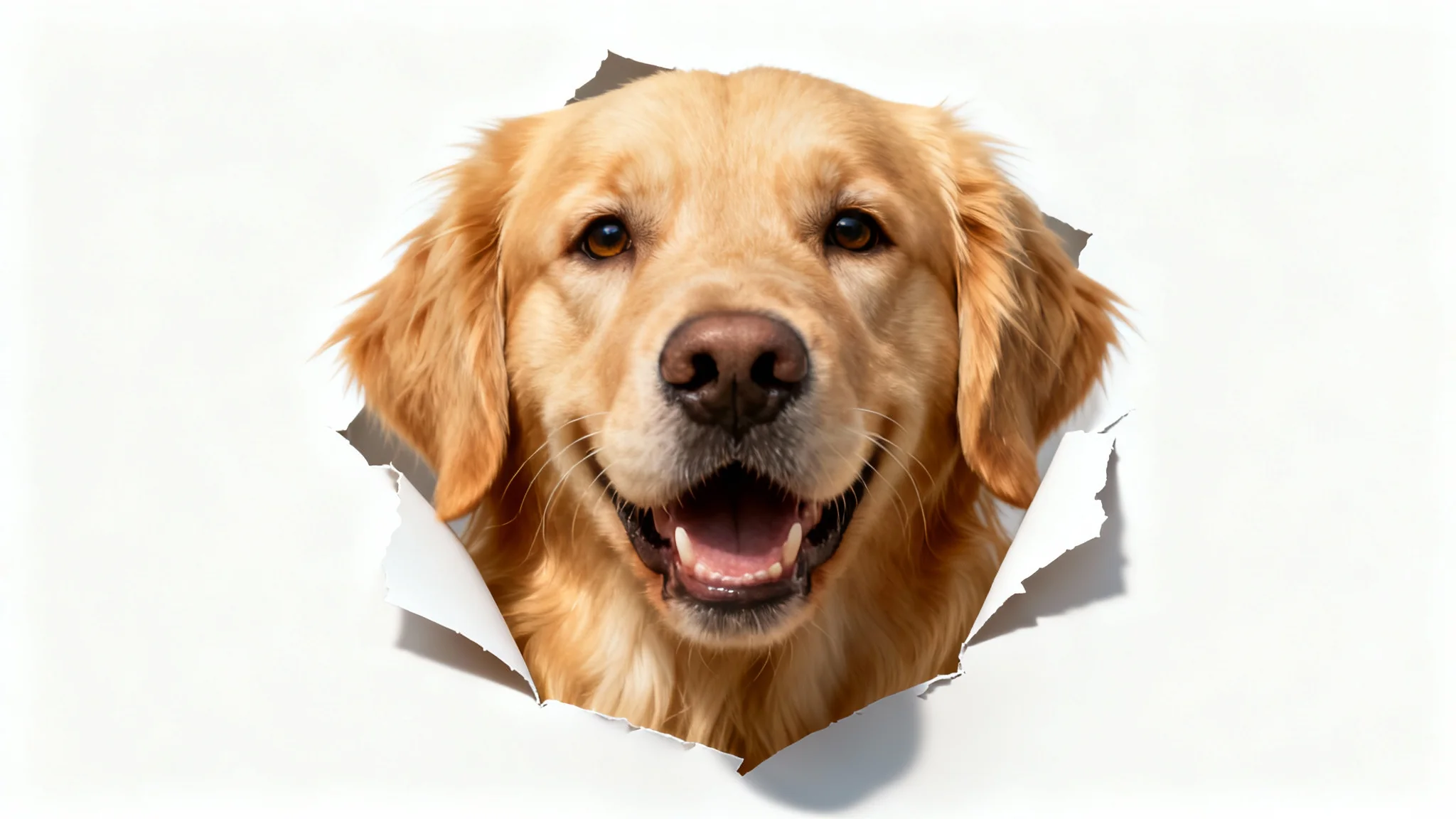 A photorealistic cutout of a happy golden retriever's face, isolated on a white background, demonstrating an animal face cutout.