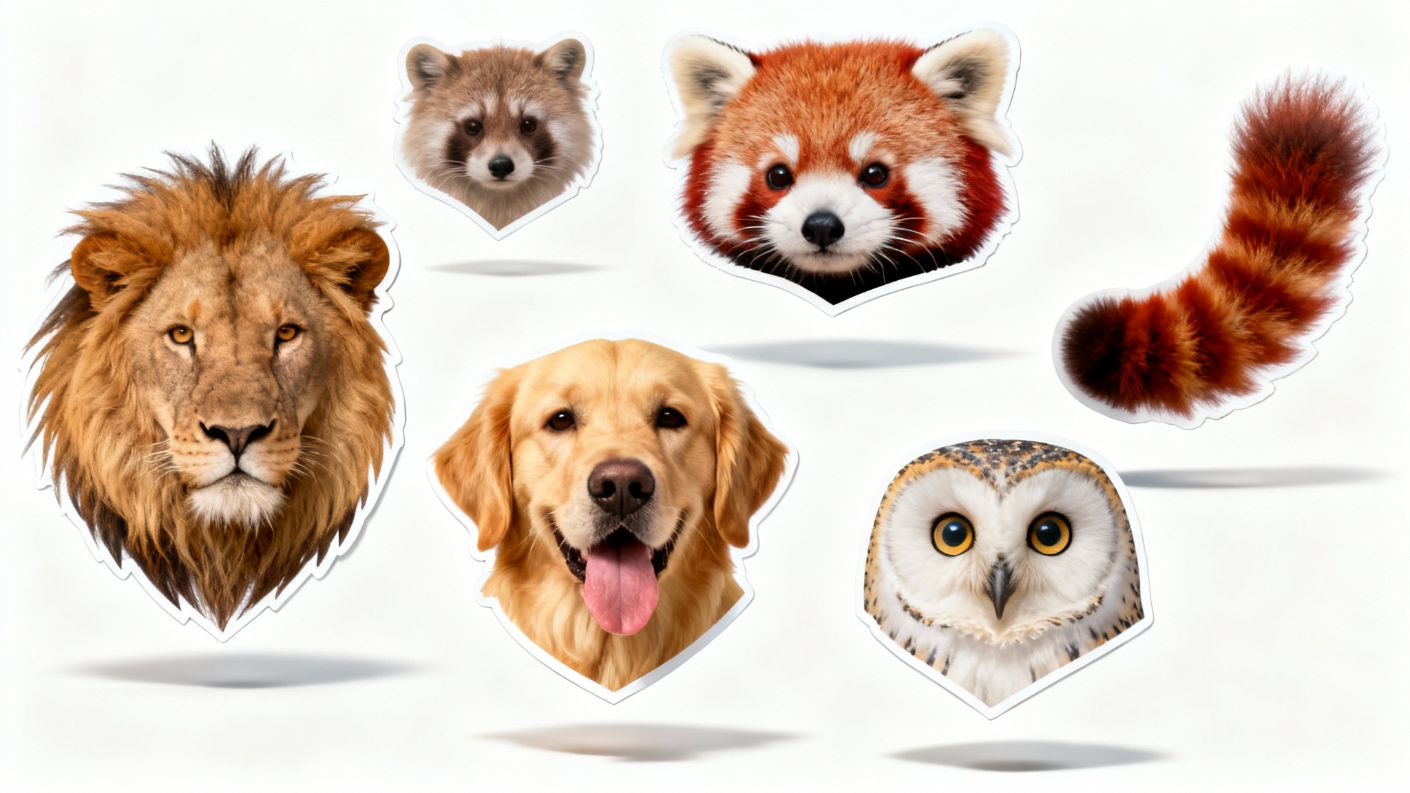 A photorealistic mockup of several animal face cutouts, including a lion, a red panda, a dog, and an owl, arranged on a plain white background.