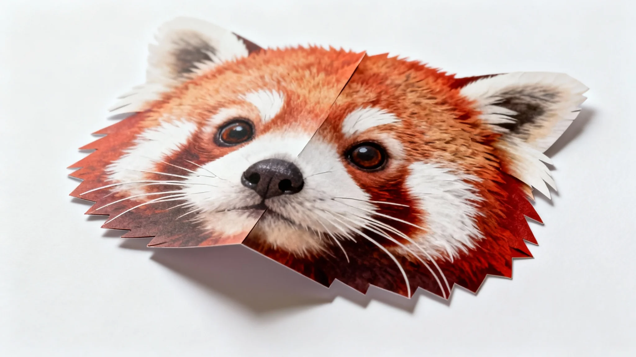 A photorealistic paper cutout of a red panda's face, lying on a white background to demonstrate a craft or design project.