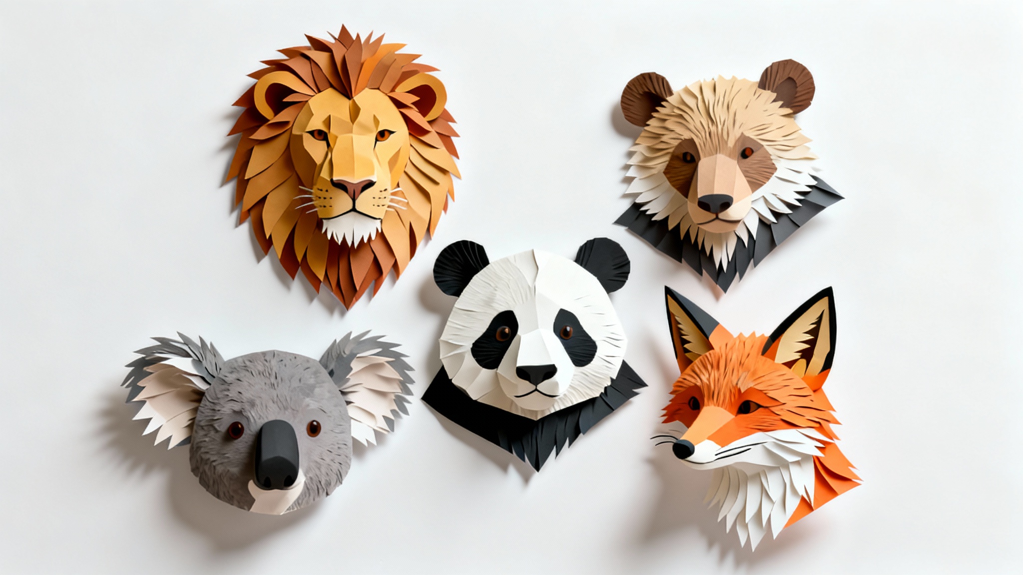 A vibrant collection of photorealistic paper cutouts featuring the faces of a lion, panda, fox, and koala, displayed on a clean white background to showcase an animal face cutout feature.