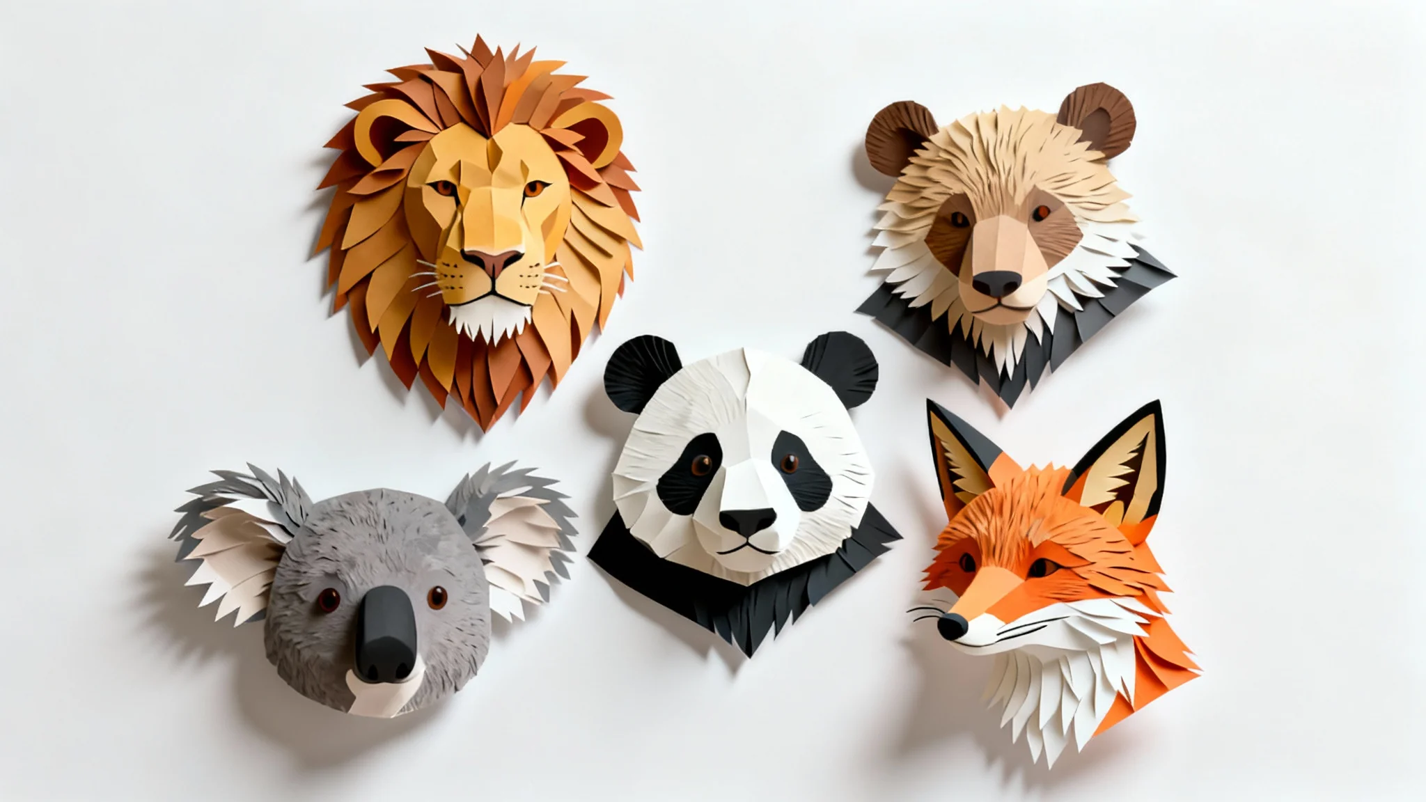 A vibrant collection of photorealistic paper cutouts featuring the faces of a lion, panda, fox, and koala, displayed on a clean white background to showcase an animal face cutout feature.