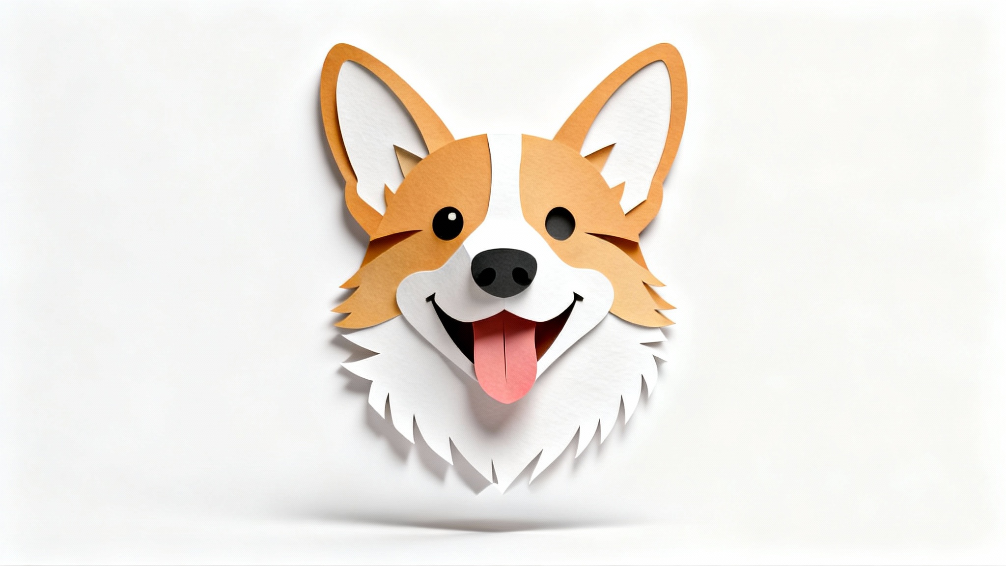 A photorealistic paper cutout of a happy Corgi's face, isolated on a plain white background to showcase the animal face cutout effect.