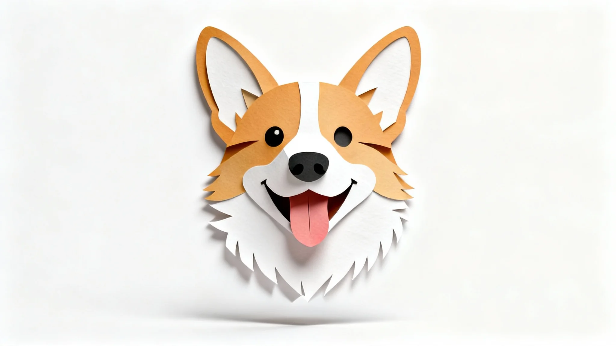 A photorealistic paper cutout of a happy Corgi's face, isolated on a plain white background to showcase the animal face cutout effect.