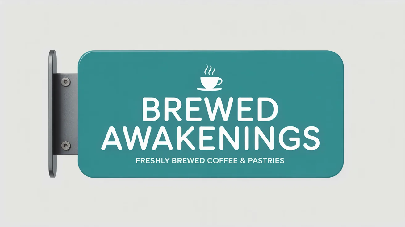 A photorealistic mockup of a vibrant teal blade sign for a café named 'Brewed Awakenings', mounted on a brick wall on a city street.