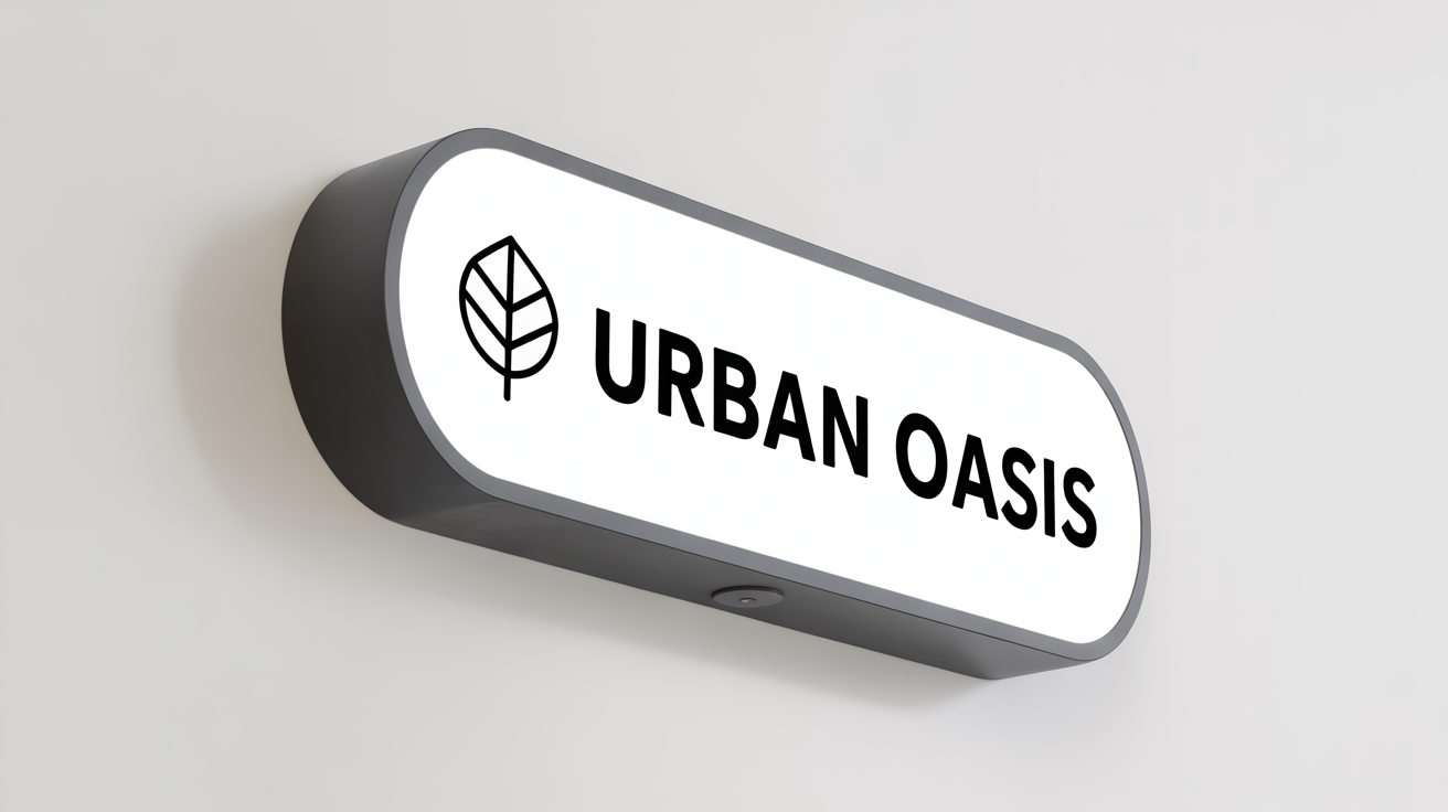 A photorealistic mockup of a modern, rectangular black and white blade sign for a brand called 'URBAN OASIS', shown projecting from a white wall.