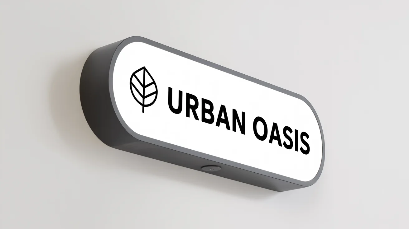 A photorealistic mockup of a modern, rectangular black and white blade sign for a brand called 'URBAN OASIS', shown projecting from a white wall.
