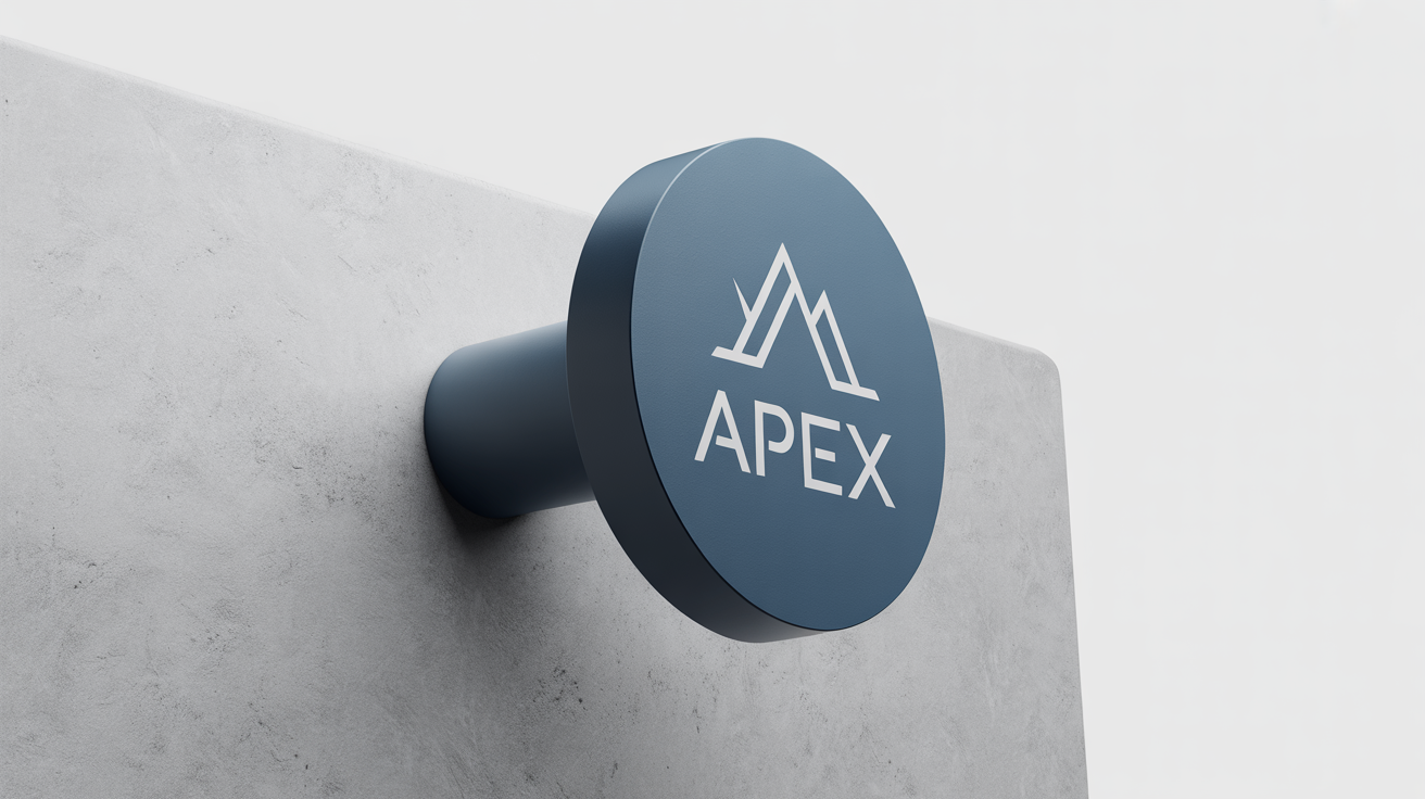 A photorealistic mockup of a round black blade sign with the brand name 'APEX' and a mountain logo, mounted on a light gray wall against a solid white background.