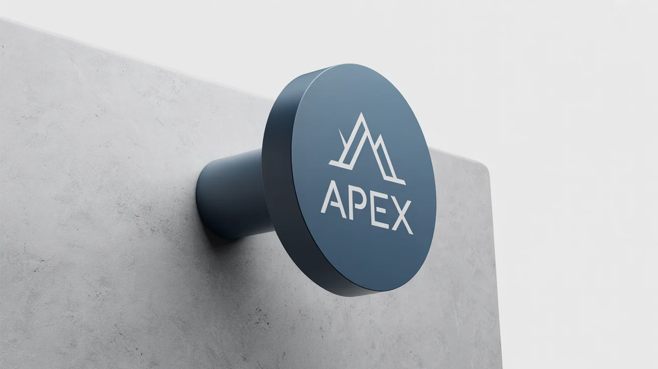 A photorealistic mockup of a round black blade sign with the brand name 'APEX' and a mountain logo, mounted on a light gray wall against a solid white background.