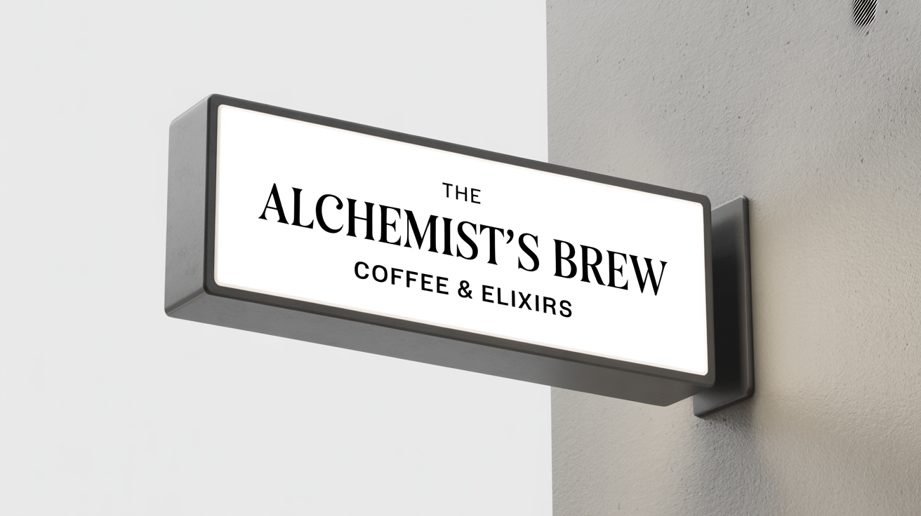 A photorealistic mockup of a rectangular black blade sign with 'THE ALCHEMIST'S BREW' written on it, mounted on a light grey wall against a white background.
