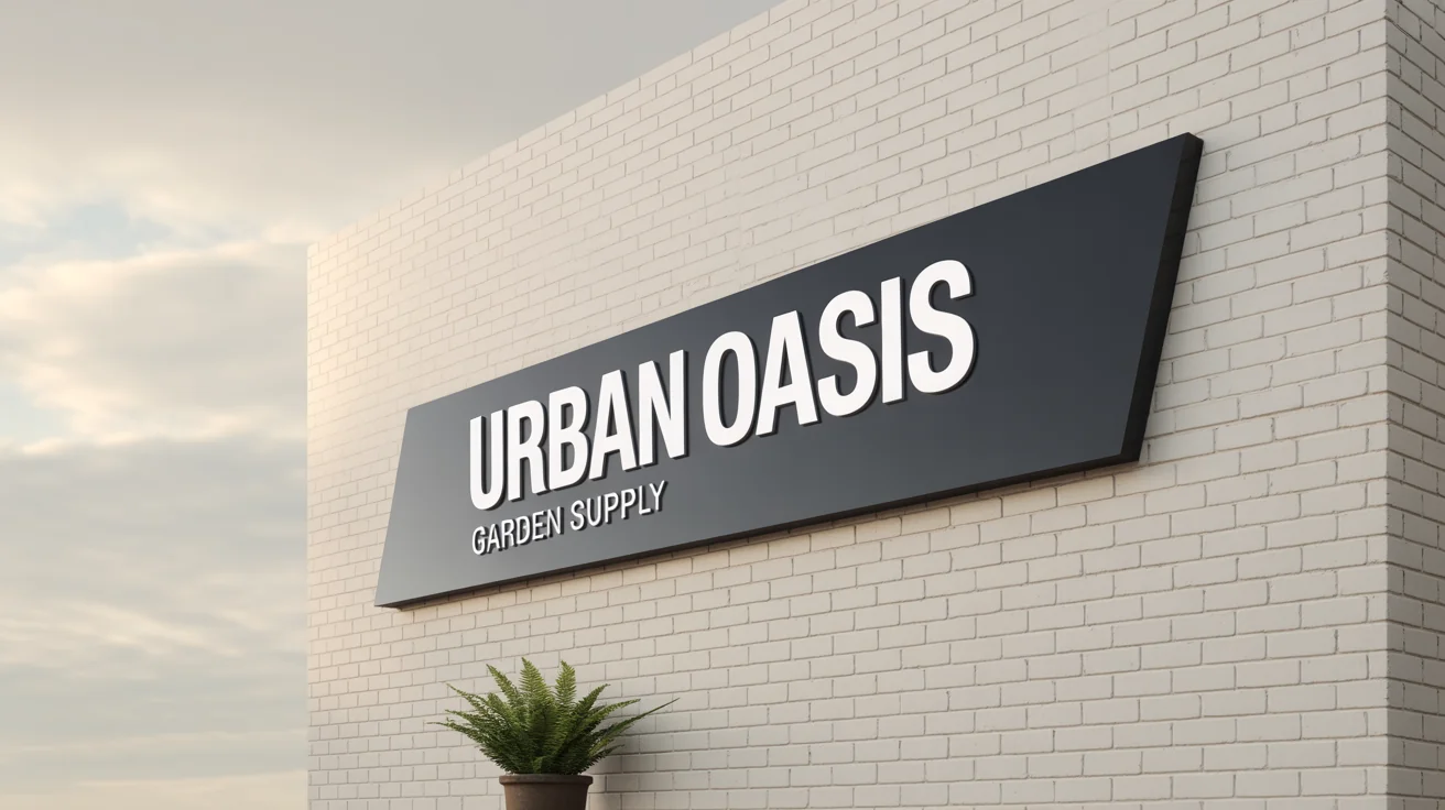 A photorealistic mockup of a rectangular black blade sign mounted on a white wall, displaying the text 'URBAN OASIS GARDEN SUPPLY' in white.