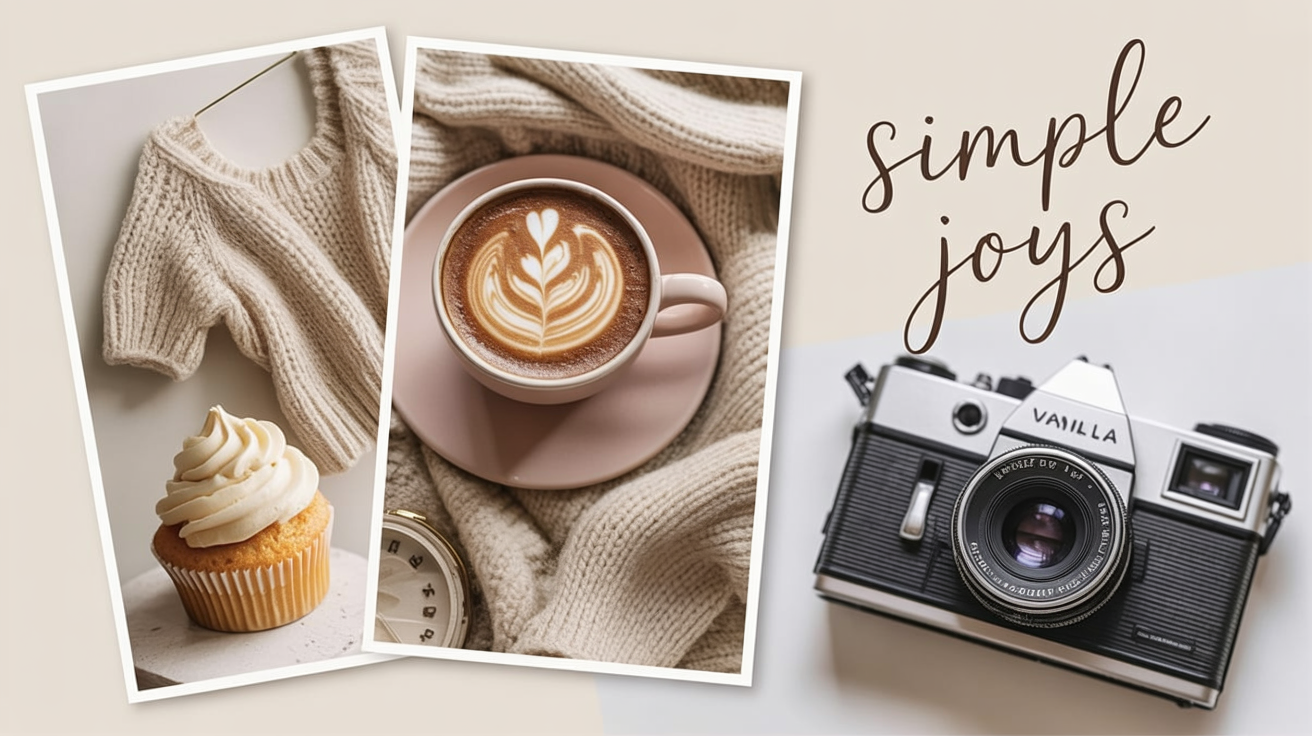 A finished digital collage in the 'vanilla girl' aesthetic, featuring curated images of a cozy sweater, coffee, a cupcake, and flowers in a soft beige and cream color palette. The words 'simple joys' are written in an elegant script.