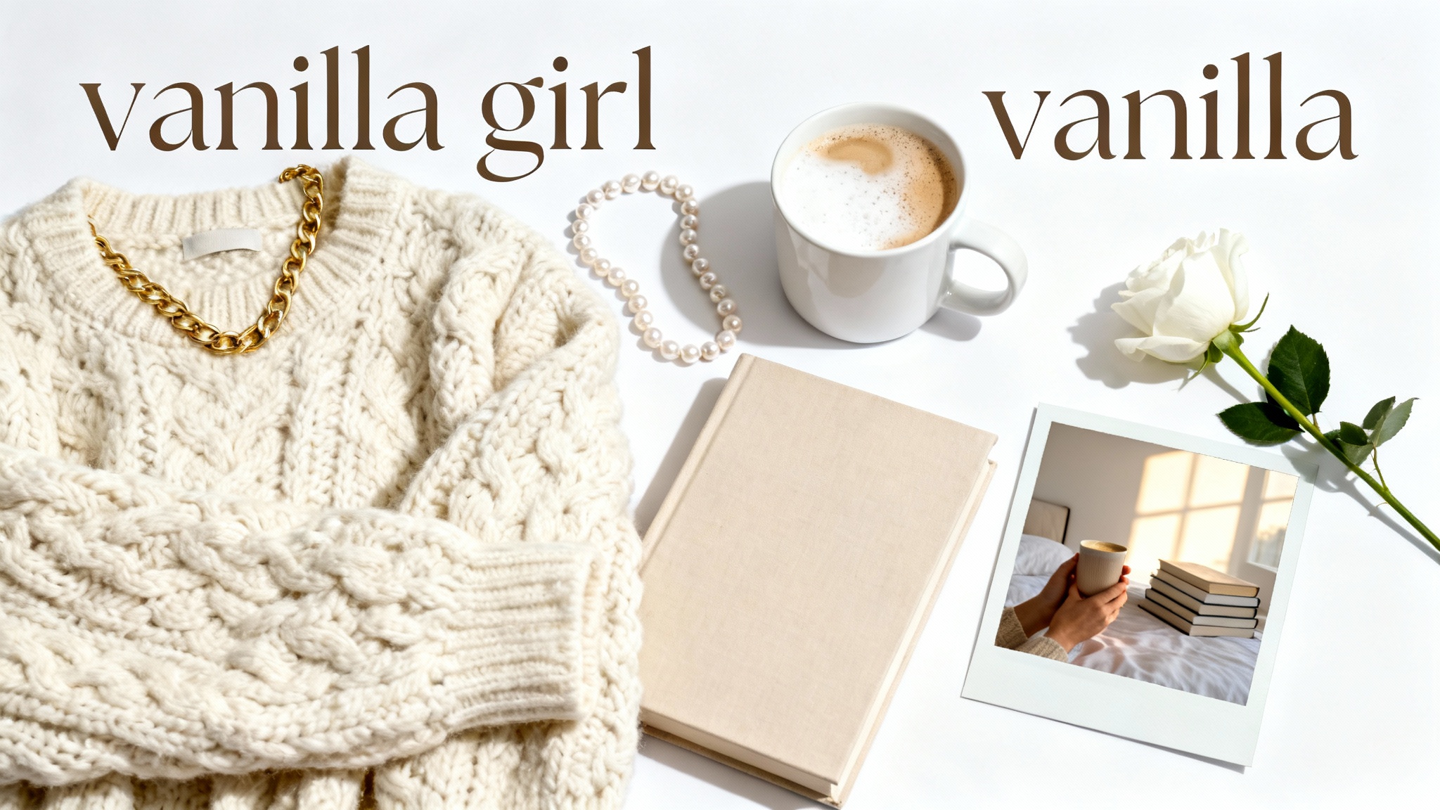 A flat lay collage representing the 'vanilla girl' aesthetic, featuring a cream knit sweater, a latte, a book, and pearls against a clean white background, evoking a cozy and elegant feel.