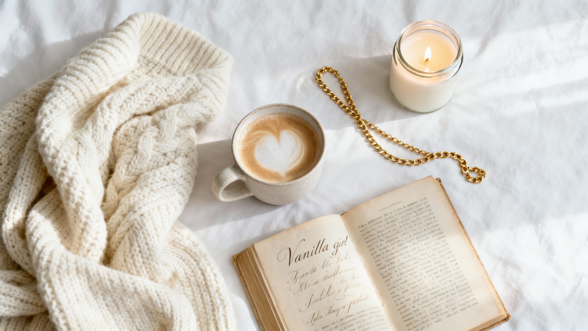 A top-down view of a 'vanilla girl' collage, featuring a cream sweater, an open book, a gold necklace, a latte, and a candle arranged neatly on a white background.