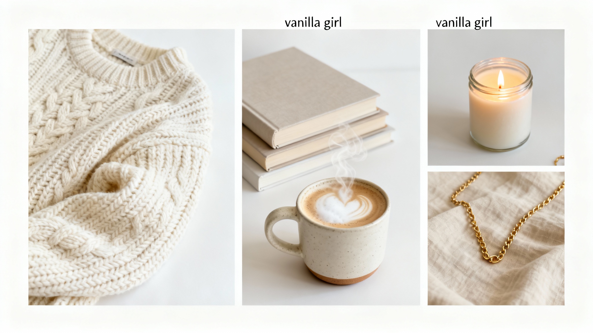 A moodboard collage representing the 'vanilla girl' aesthetic, with images of a cozy knit sweater, a latte, books, and a candle, all in a soft, neutral color palette against a white background.