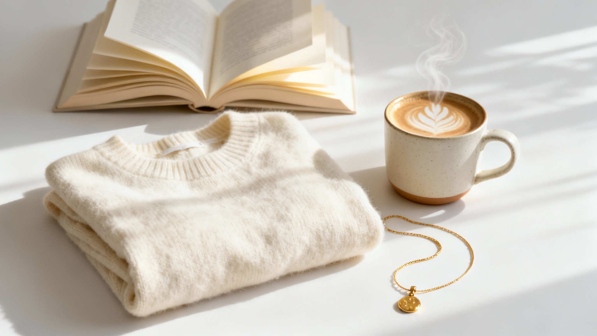 A flat lay collage of items representing the 'vanilla girl' aesthetic, including a cream sweater, gold necklace, and a cup of coffee, all in neutral tones on a white background.