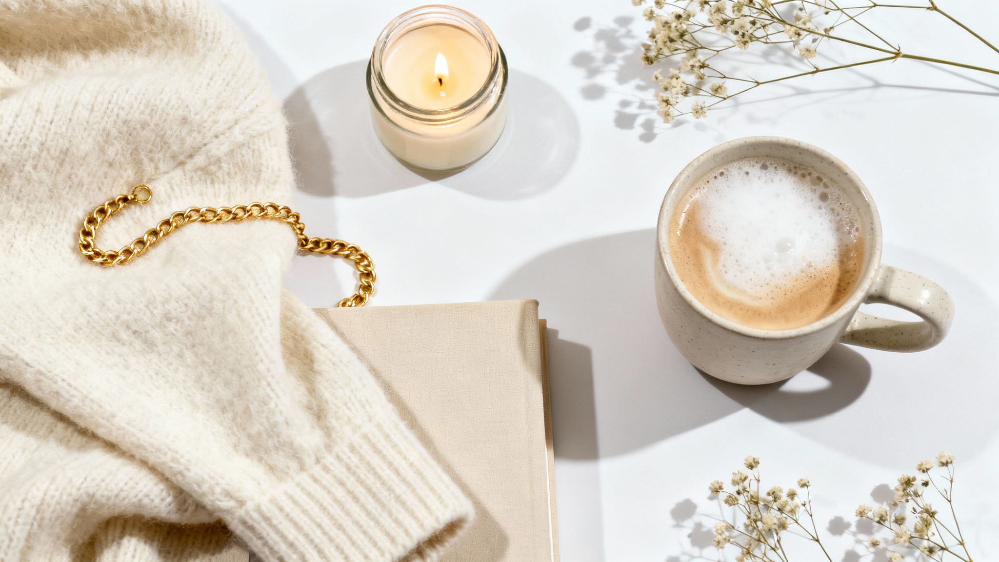A flat lay collage representing the vanilla girl aesthetic, featuring a cozy sweater, gold jewelry, a candle, a latte, and a book in soft, neutral cream and beige colors, all on a white background.