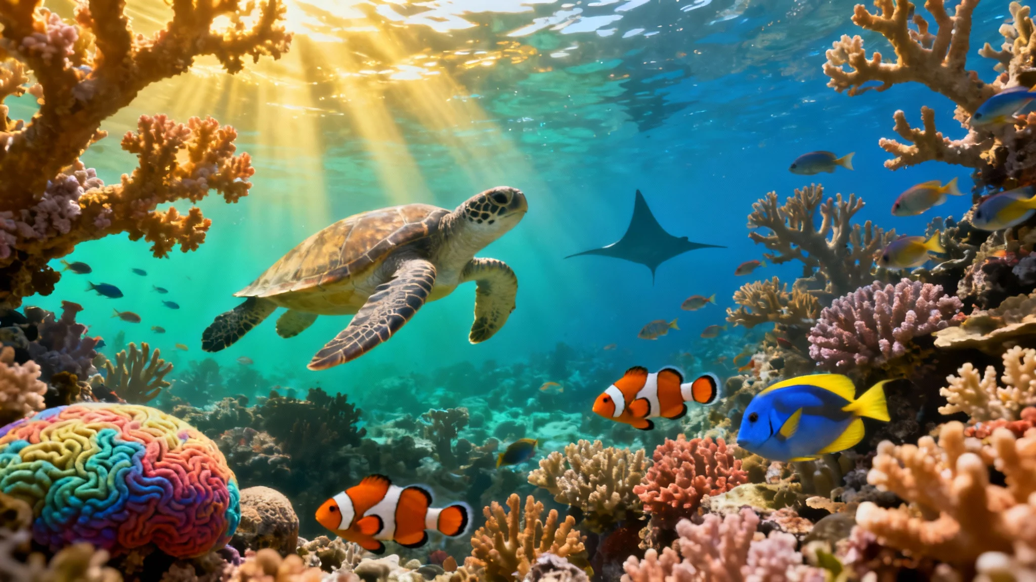 A stunning, wide-angle digital illustration of a vibrant coral reef. A large sea turtle is the focal point, swimming in clear blue water amidst schools of small, colorful fish. The scene is lit by sunbeams from above, highlighting the rich colors of the coral.