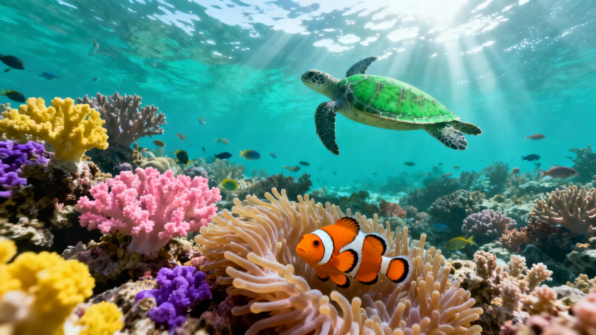 A vibrant and realistic image of a coral reef filled with ocean life, featuring a large sea turtle swimming gracefully and a small clownfish hiding in an anemone, set against a clean background.