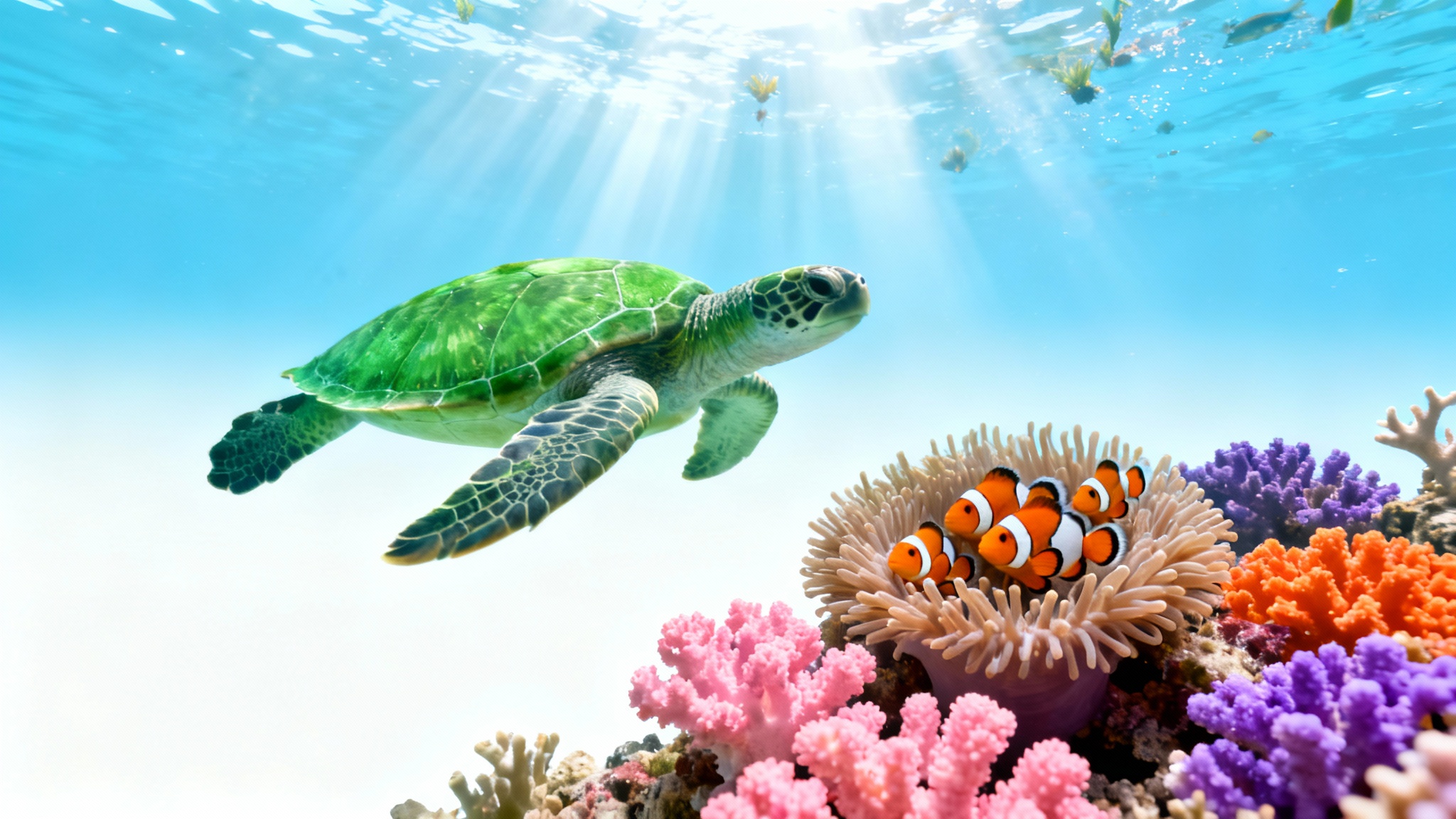 A photorealistic depiction of a vibrant underwater coral reef, with a large sea turtle swimming gracefully above colorful corals and a family of clownfish.