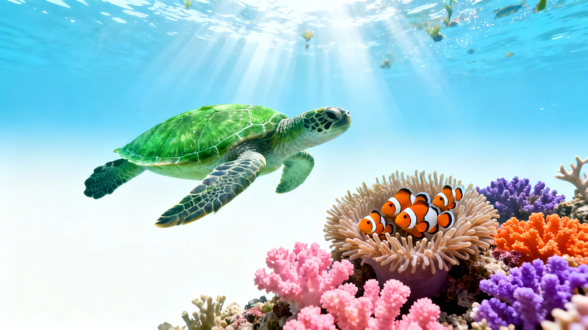 A photorealistic depiction of a vibrant underwater coral reef, with a large sea turtle swimming gracefully above colorful corals and a family of clownfish.