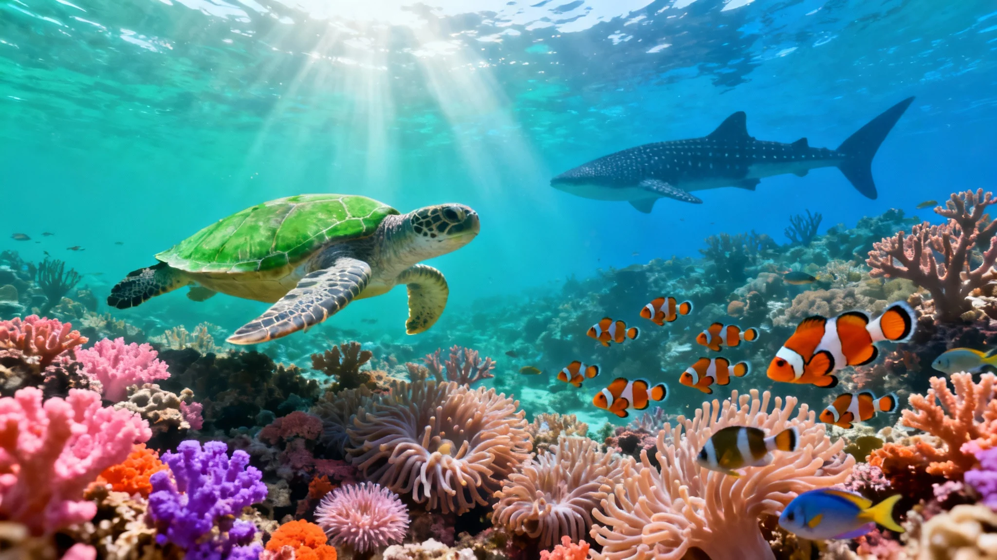 A vibrant, photorealistic underwater scene showing a sea turtle swimming over a colorful coral reef, with schools of tropical fish and sunlight filtering through the water.