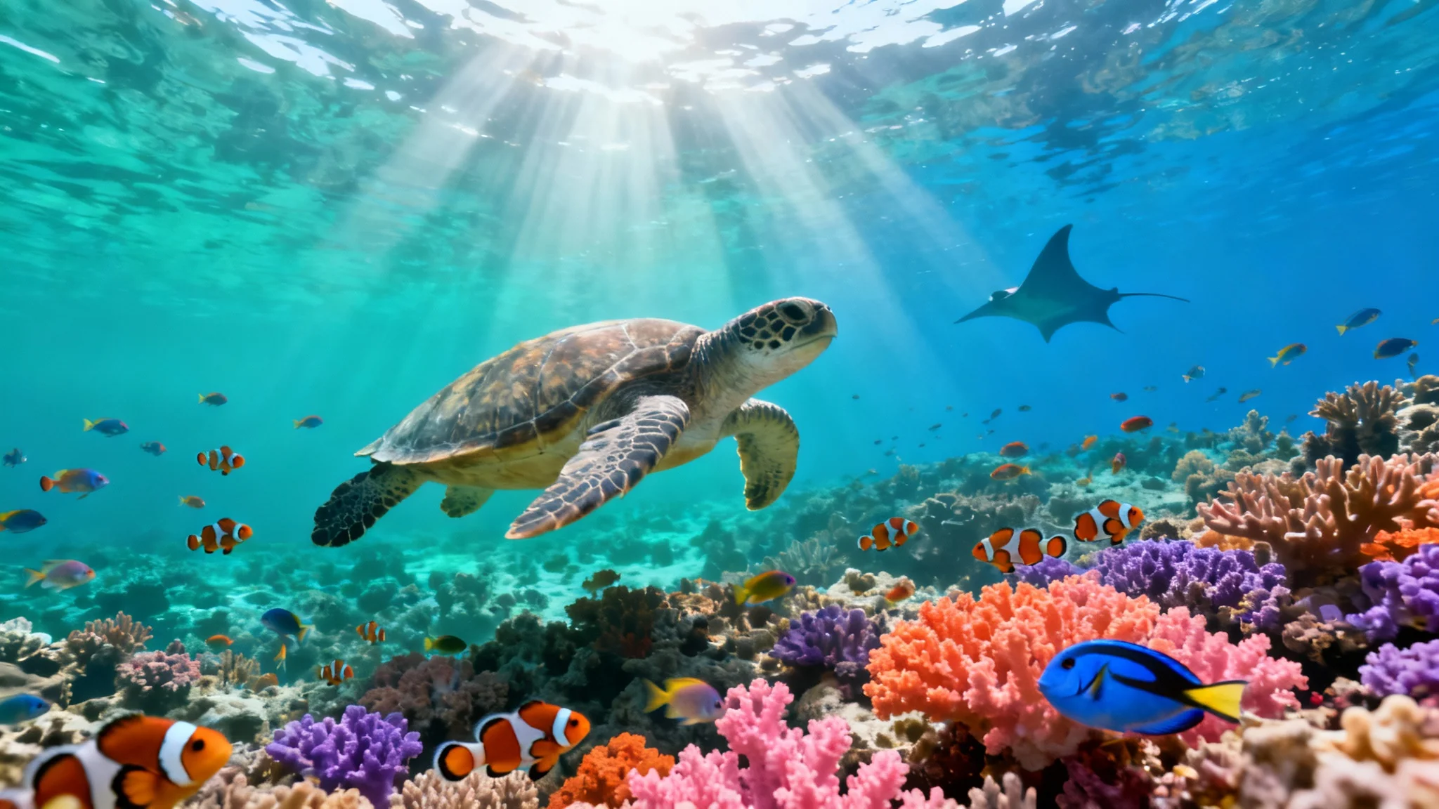 A vibrant and detailed underwater scene of a coral reef, with a large sea turtle swimming gracefully among schools of colorful fish and sunbeams shining through the clear blue water.