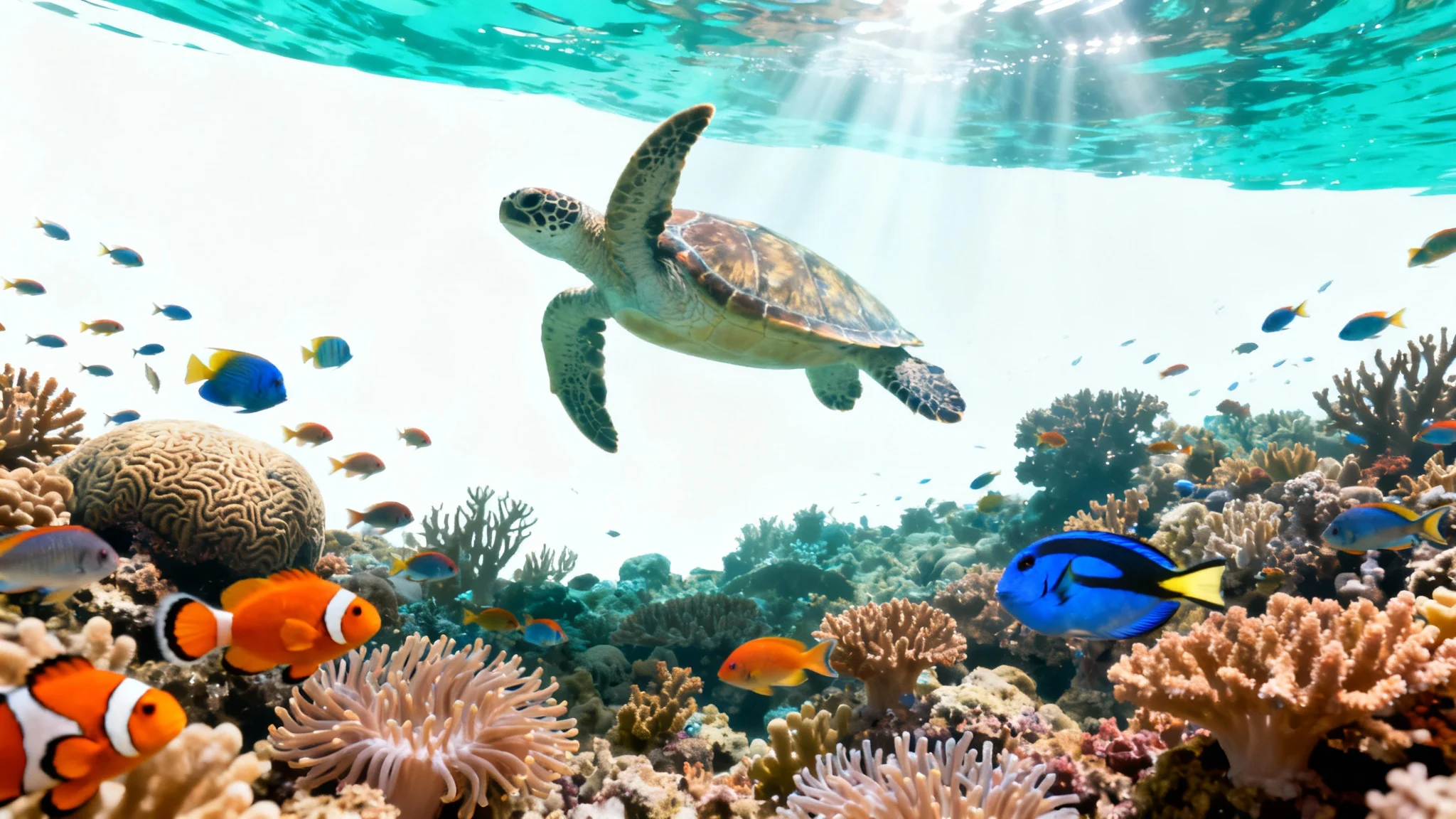 A hyper-realistic mockup of a vibrant coral reef, featuring a large sea turtle, colorful schools of fish, and detailed coral formations against a clean white background, illustrating the beauty of ocean life.