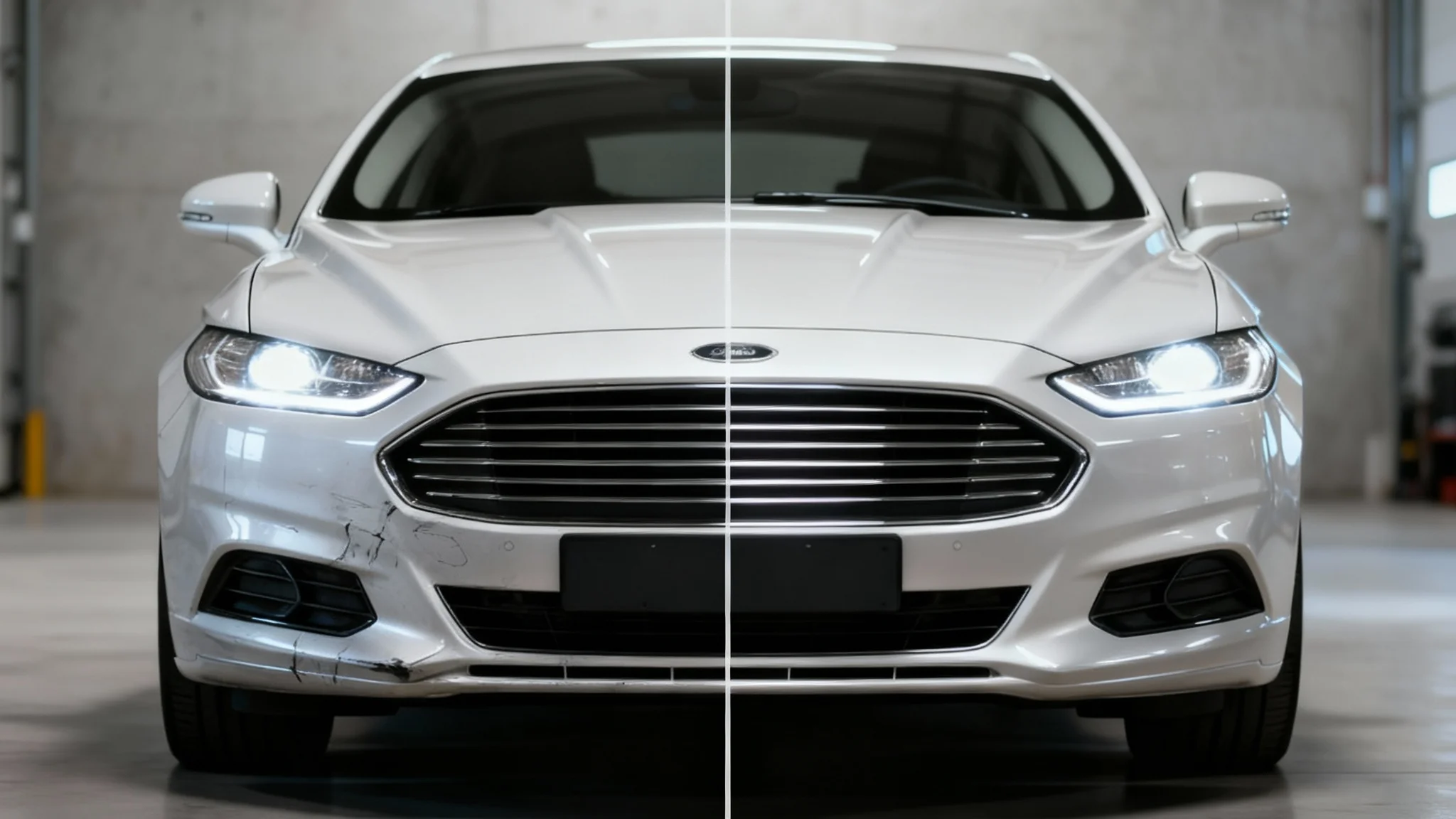 A split-screen comparison showing the result of a car damage editing tool. The left side displays a car with a dented and scratched bumper, and the right side shows the same bumper perfectly repaired and shiny.