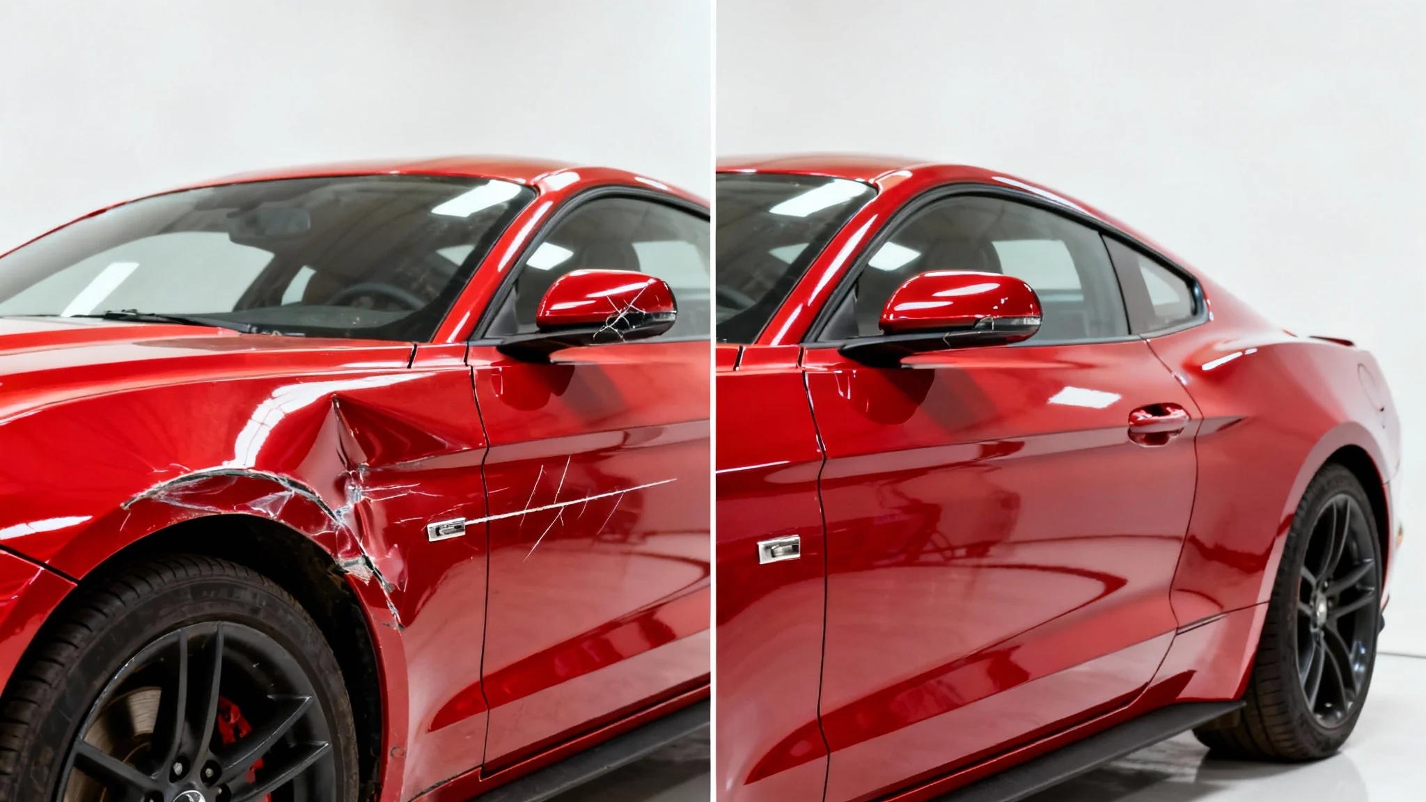 A before-and-after image of a red sports car. The left half is dented and scratched, while the right half is perfectly repaired and shiny, illustrating a car damage editing service.