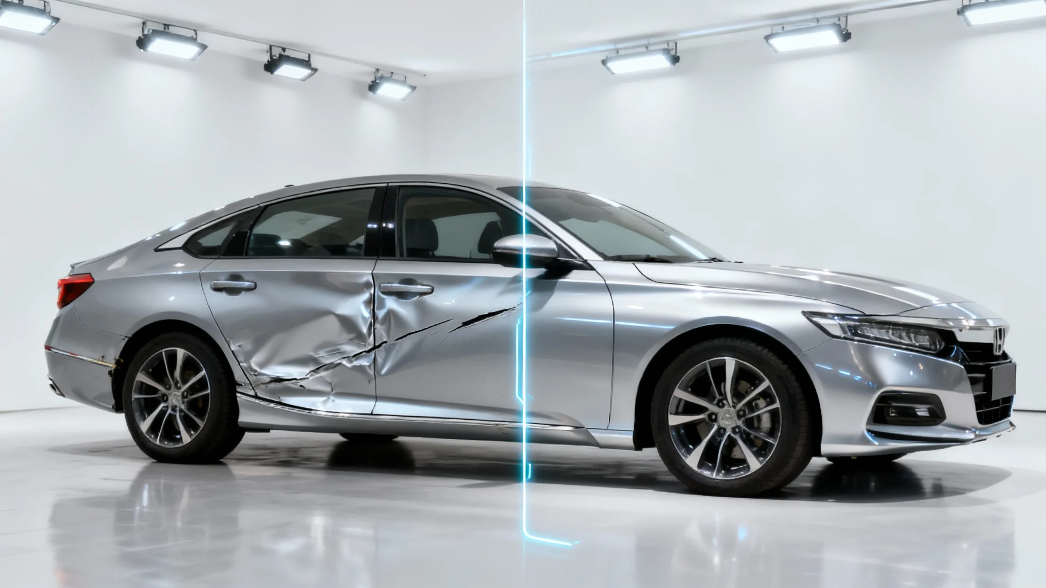 A sleek silver car shown in a split view against a white background. The left side of the car is dented and scratched, while the right side is perfectly repaired and glossy, illustrating car damage editing.
