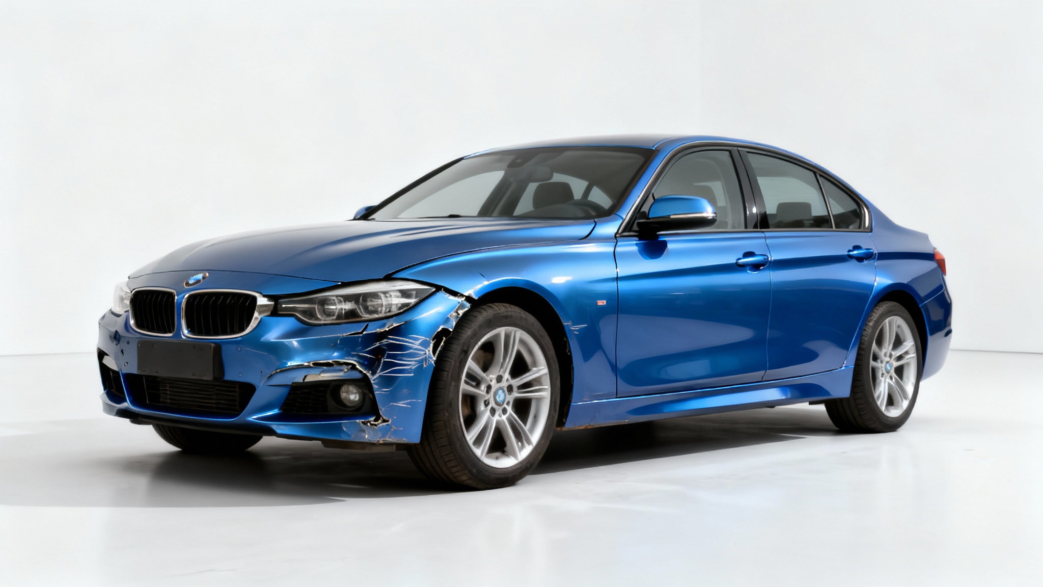 A modern blue car on a white background, where the front half is dented and scratched, and the back half is in perfect, new condition, illustrating the concept of damage repair.