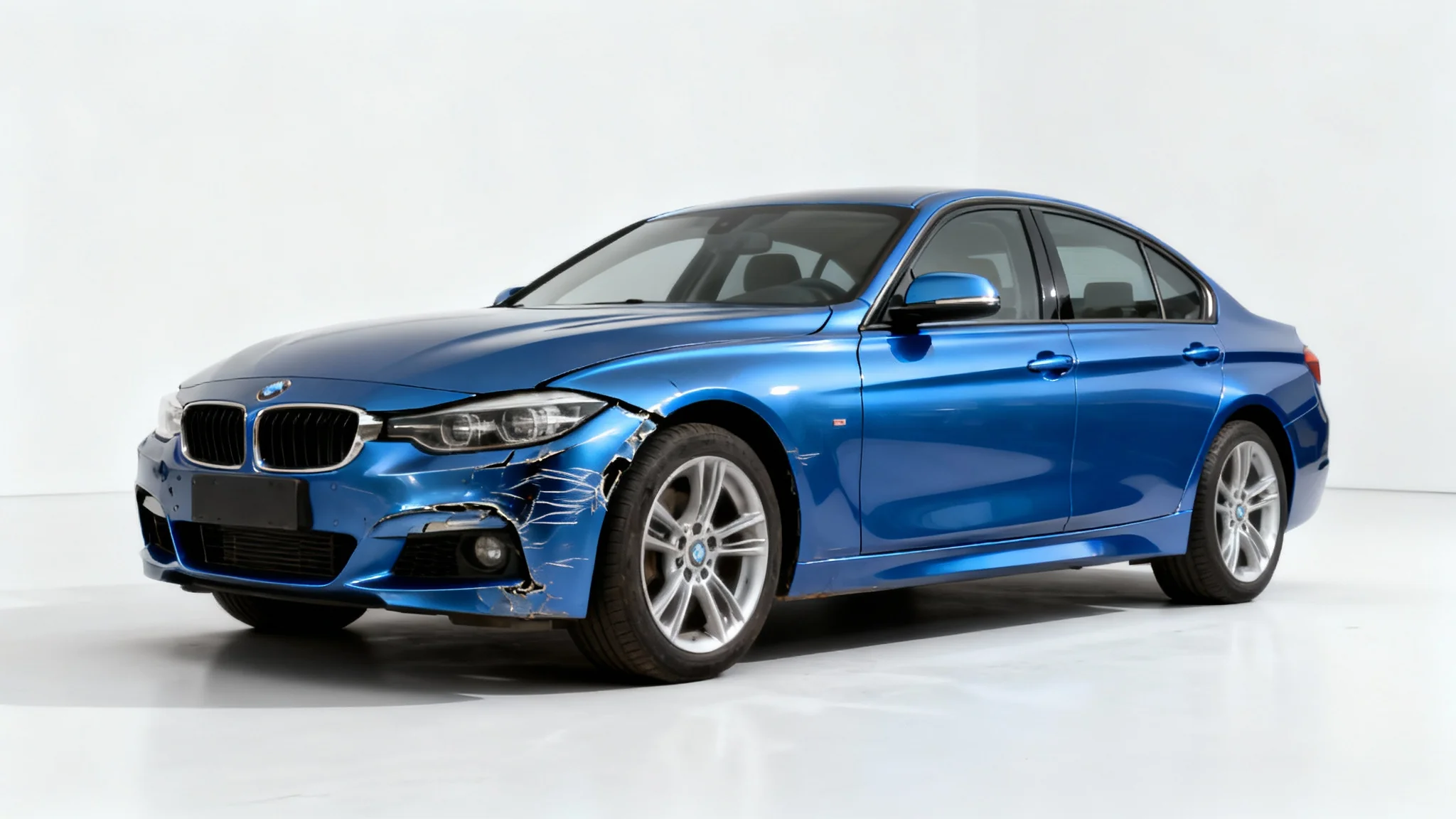 A modern blue car on a white background, where the front half is dented and scratched, and the back half is in perfect, new condition, illustrating the concept of damage repair.