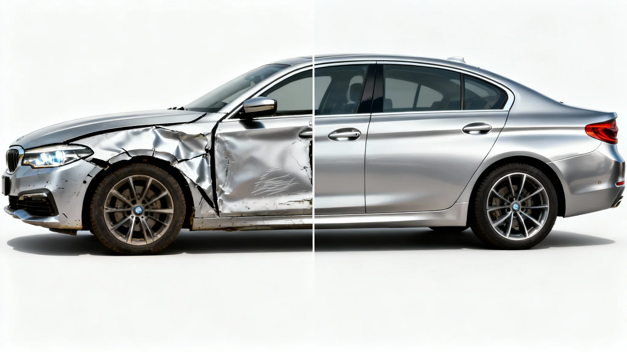 A conceptual image of a silver car against a white background, where the left side is damaged with dents and scratches, and the right side is perfectly restored and glossy, illustrating car damage editing.