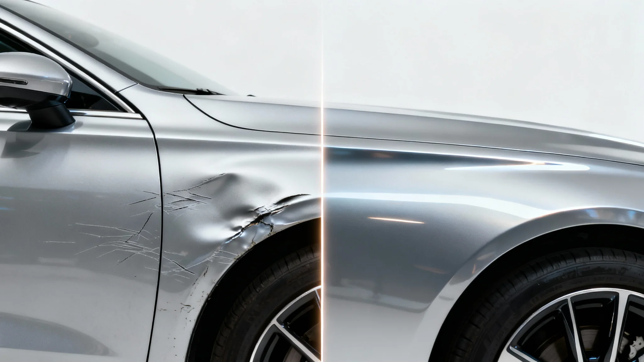 A split image showing a before-and-after of car damage repair. The left side shows a dented and scratched silver car fender, and the right side shows the same fender perfectly repaired and glossy, on a white background.