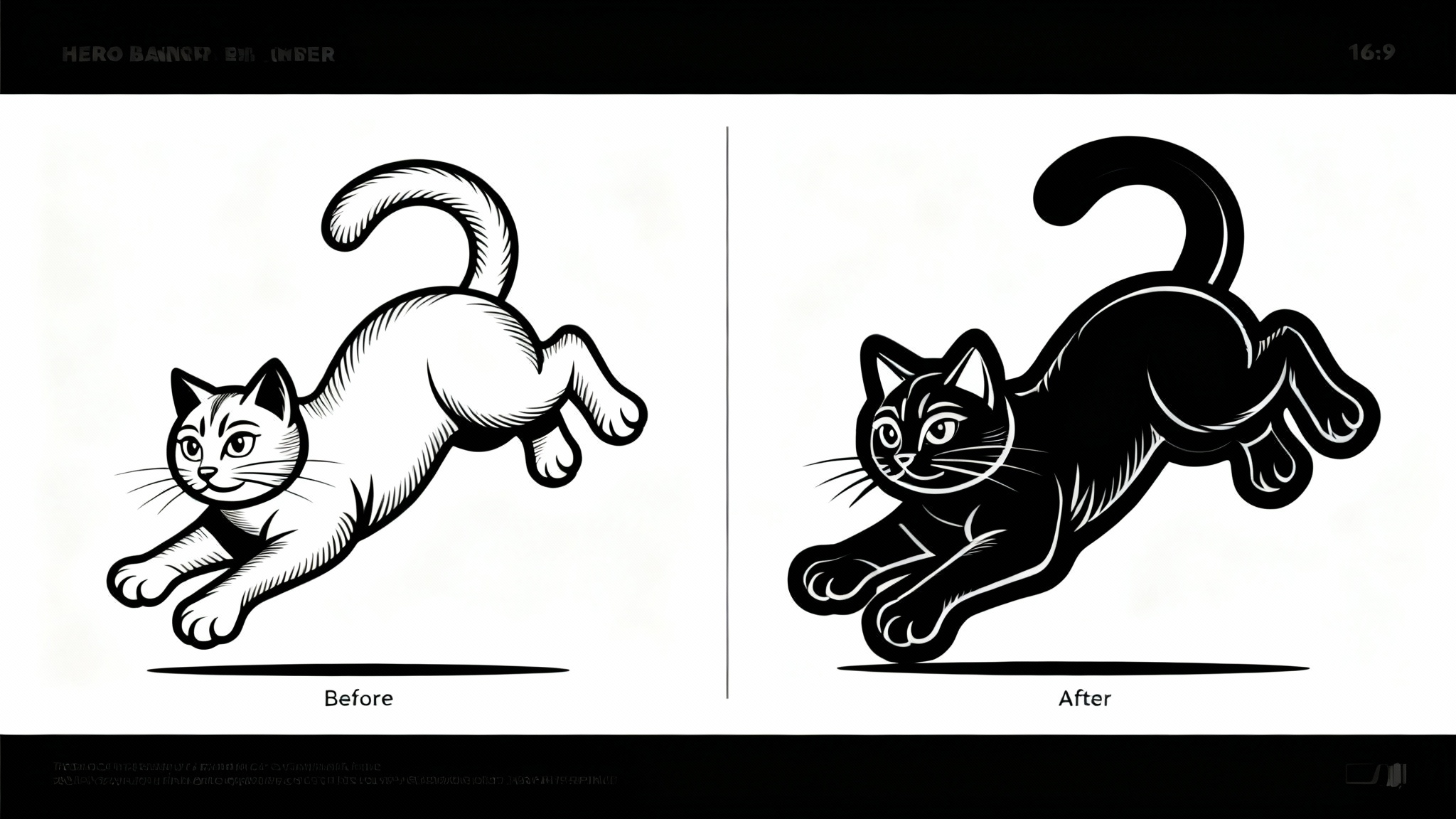 A before-and-after comparison showing a line art illustration of a cat. The 'before' image has thin lines, and the 'after' image shows the same cat with much thicker, bolder lines, demonstrating a line thickener tool.