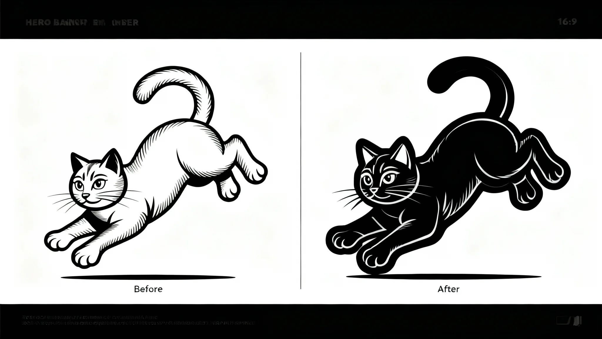 A before-and-after comparison showing a line art illustration of a cat. The 'before' image has thin lines, and the 'after' image shows the same cat with much thicker, bolder lines, demonstrating a line thickener tool.