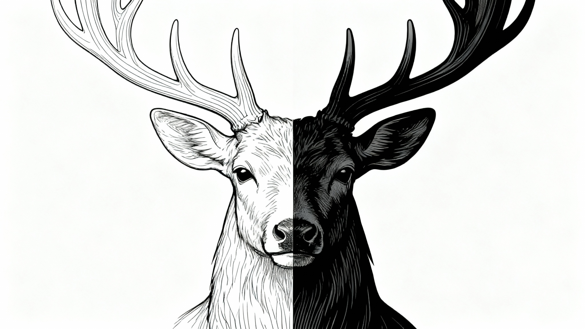 A minimalist drawing of a stag's head split in two styles. The left side uses thin, delicate lines, while the right side uses thick, bold lines, demonstrating the effect of a line thickener tool.