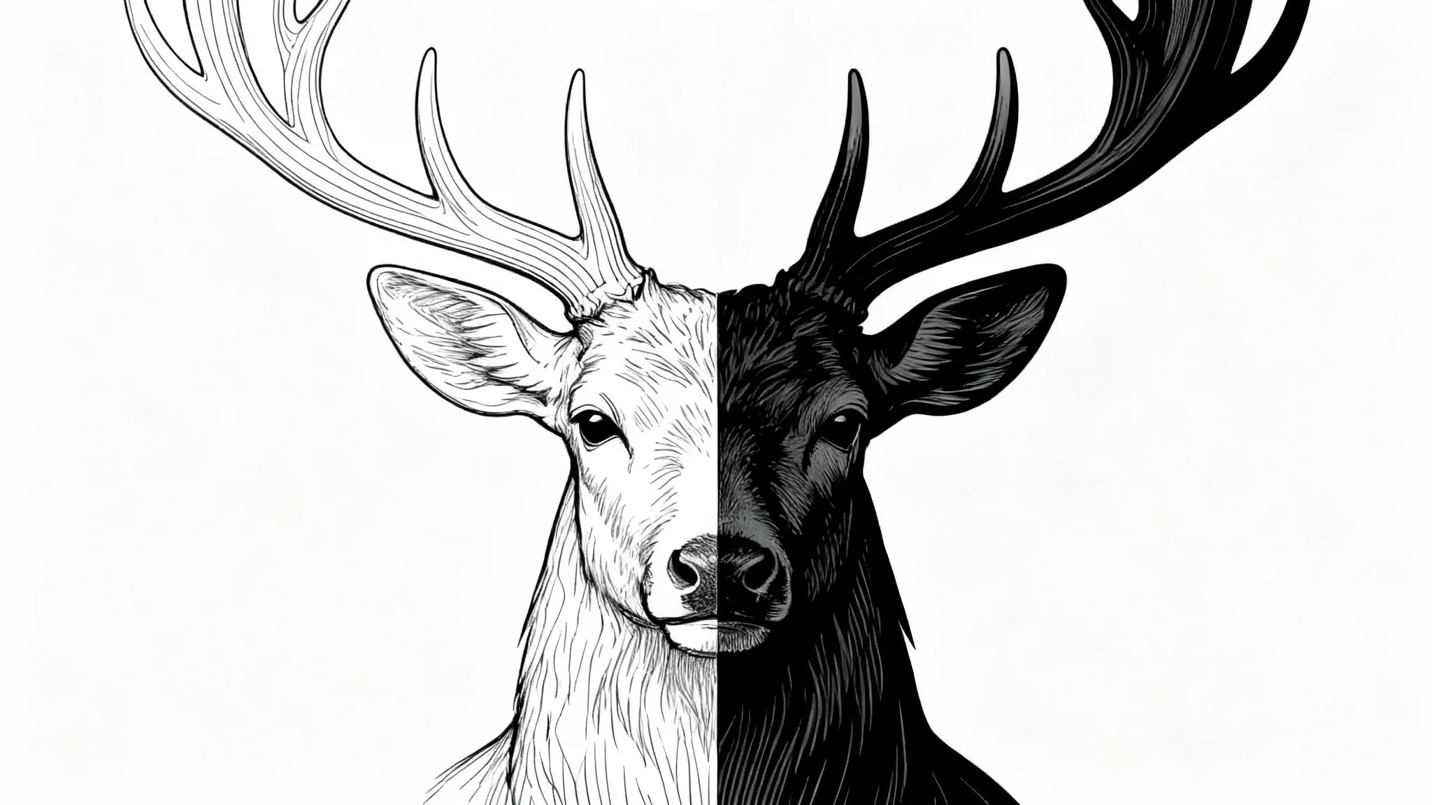 A minimalist drawing of a stag's head split in two styles. The left side uses thin, delicate lines, while the right side uses thick, bold lines, demonstrating the effect of a line thickener tool.